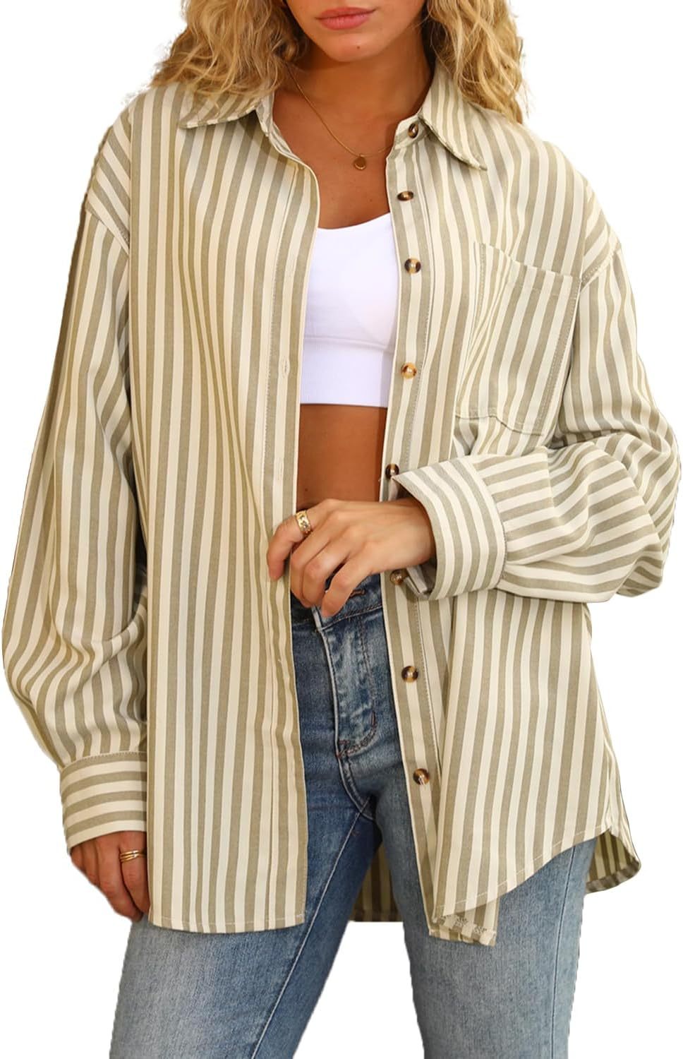 Womens Striped Button Down Shirt Casual Long Sleeve Blouse Top