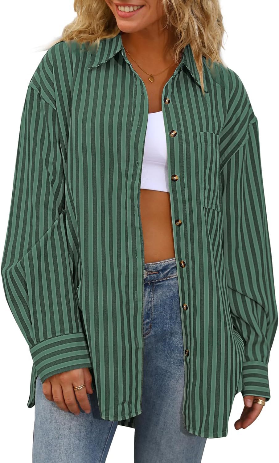 Womens Striped Button Down Shirt Casual Long Sleeve Blouse Top