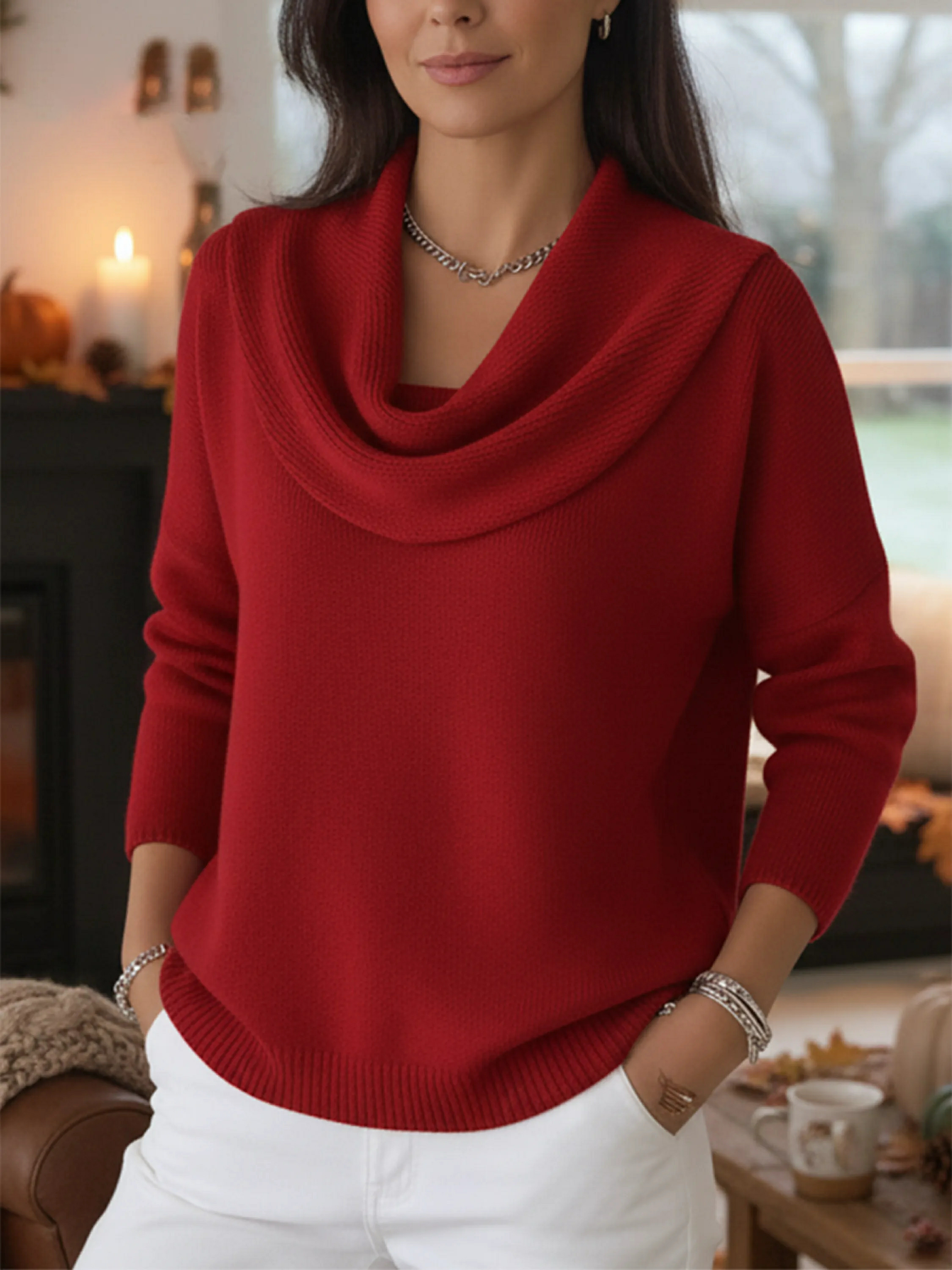 Women's Soft and Elegant Solid Color Ruffled Collar Sweater Top