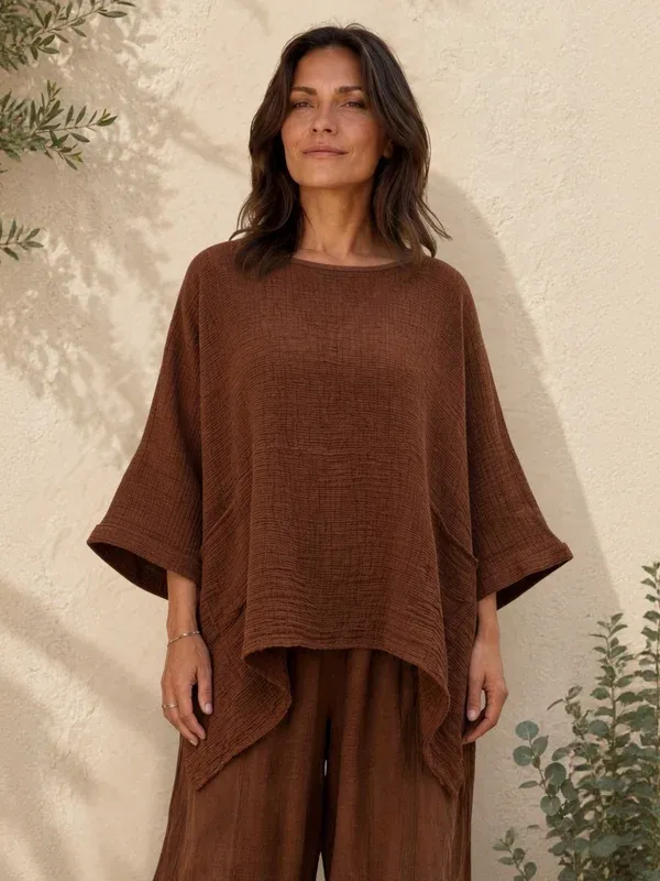 Women's Linen Cotton Blend Oversized Long Sleeve Top & Wide Leg Pants Two Piece Set