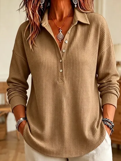CLEARANCE SALE🔥 Women's Casual Waffle Knit Collared Henley Long Sleeve Shirt