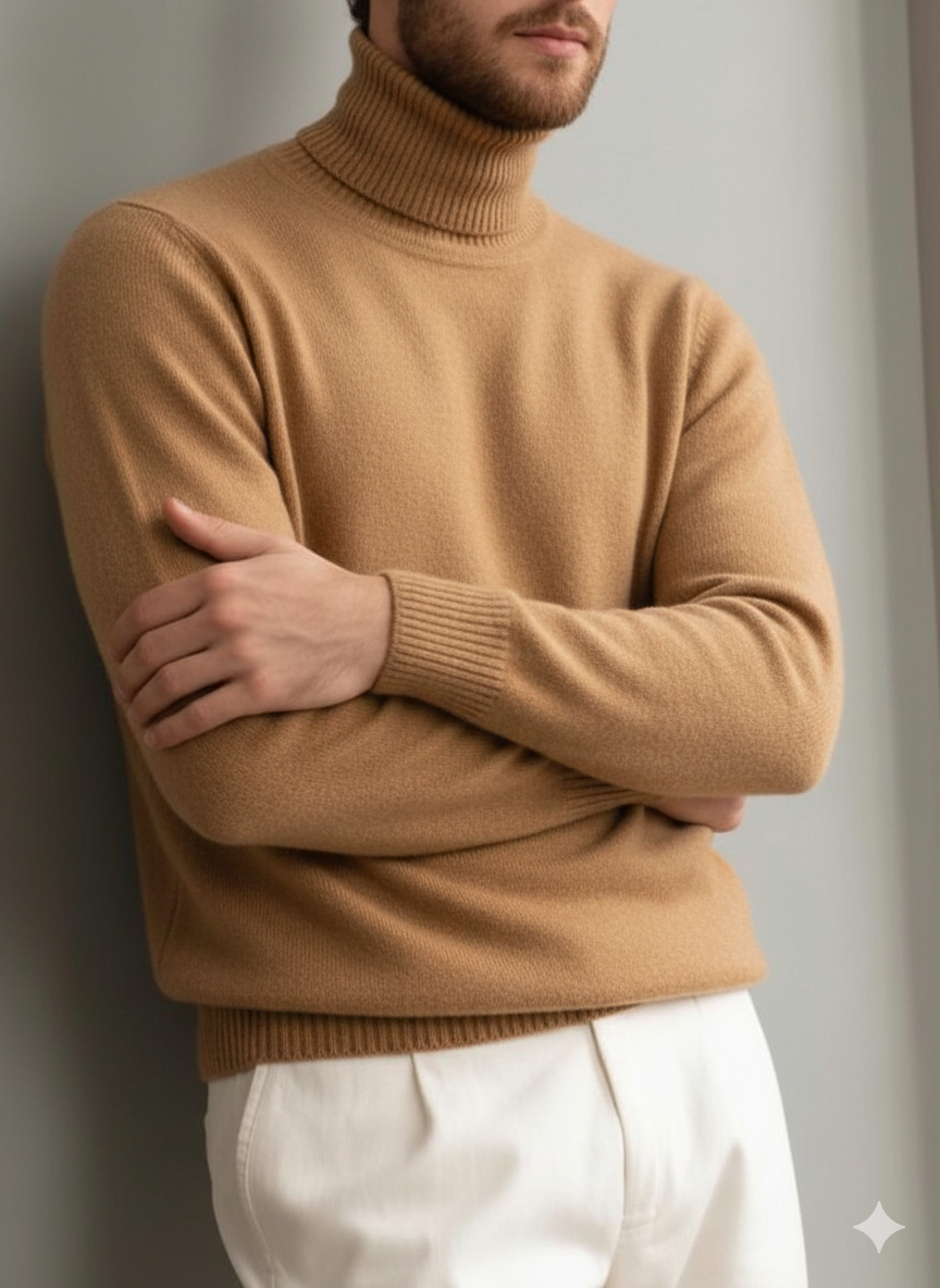 Men's comfortable textured cashmere turtleneck warm sweater