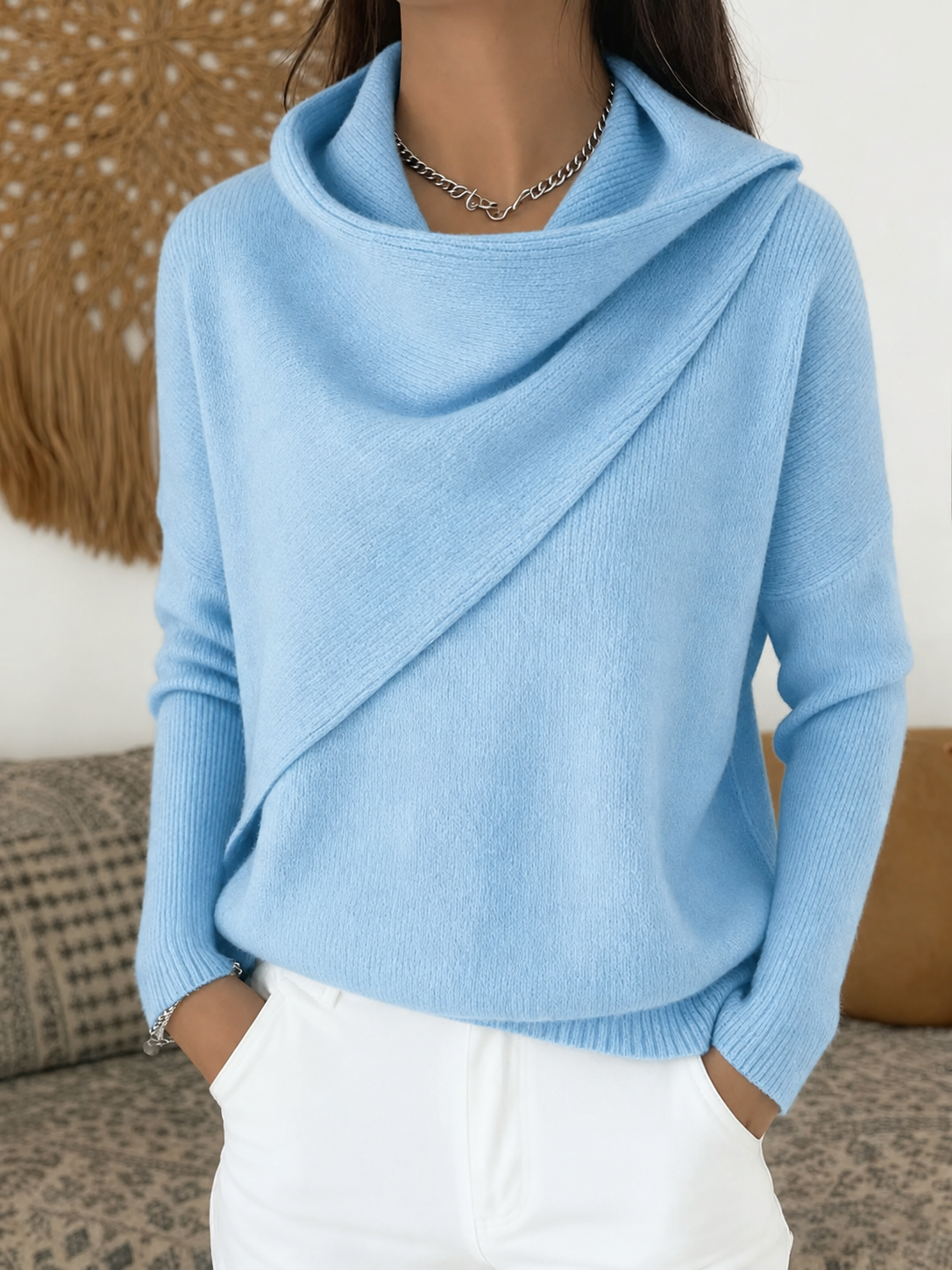 Women Cross Wrap Draped Cowl Neck Knit Pullover, Loose Long Sleeve Sweater
