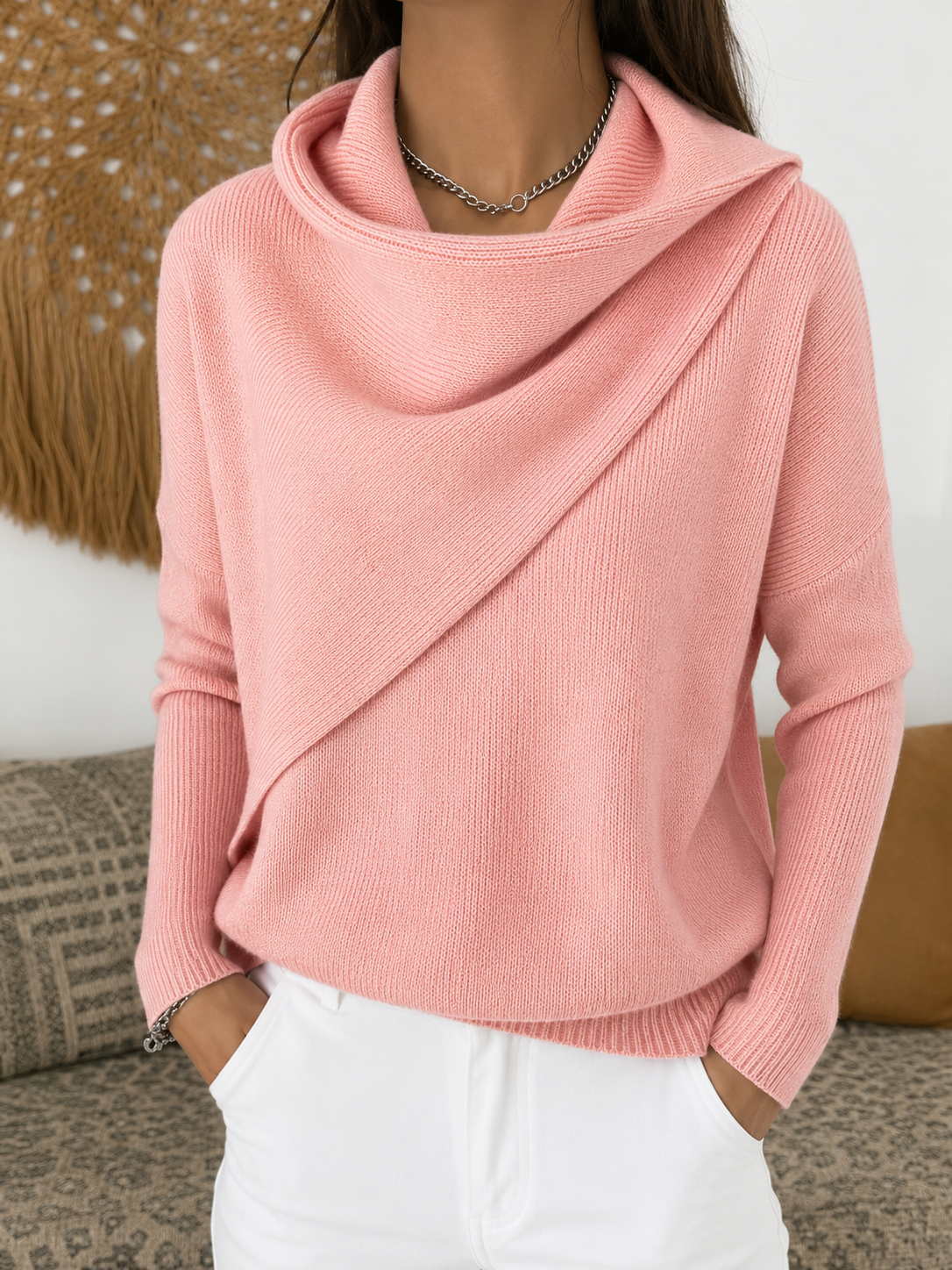 Women Cross Wrap Draped Cowl Neck Knit Pullover, Loose Long Sleeve Sweater