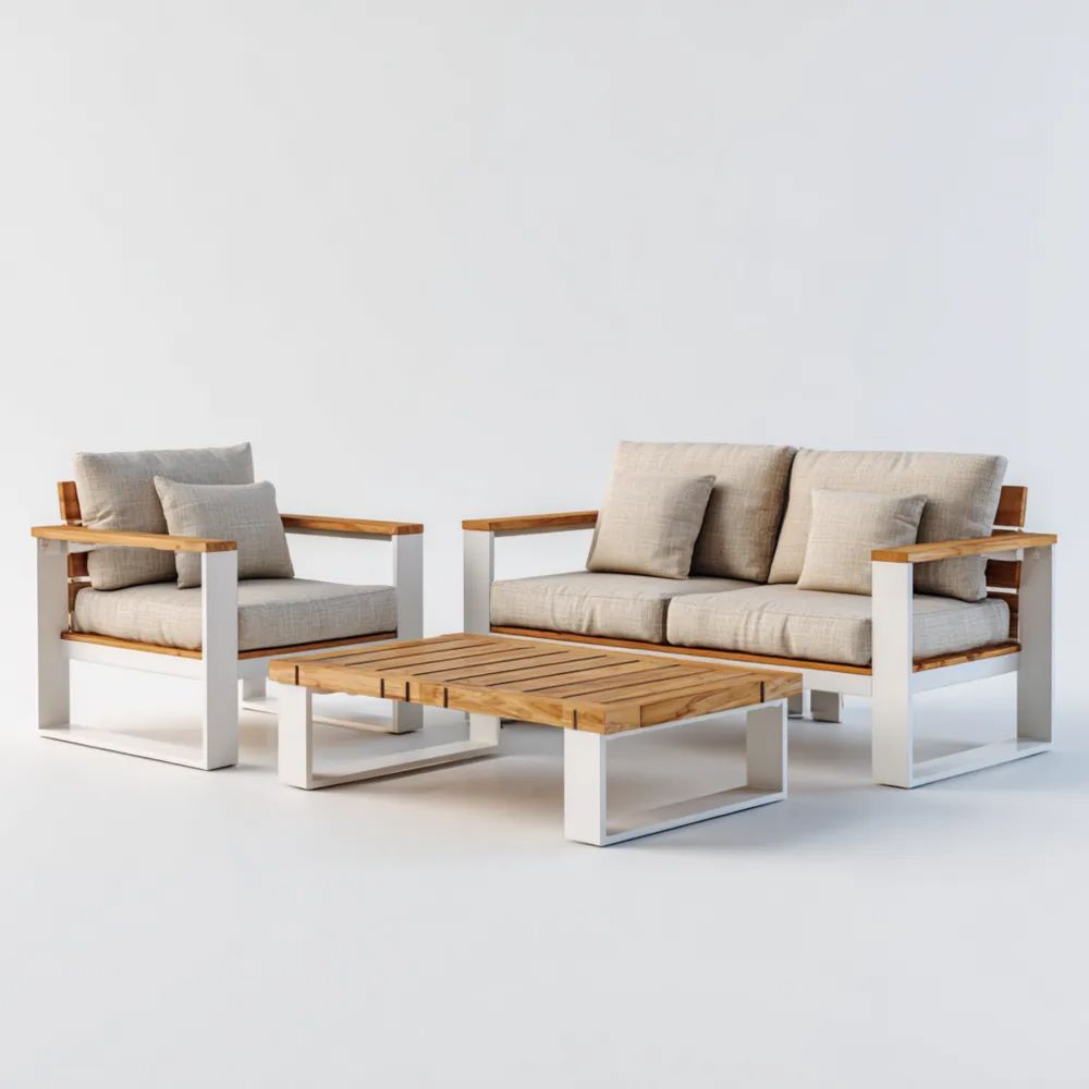 Garten-Sofaset Metall Holz 200x80x75 cm – Creme – Modernes Design