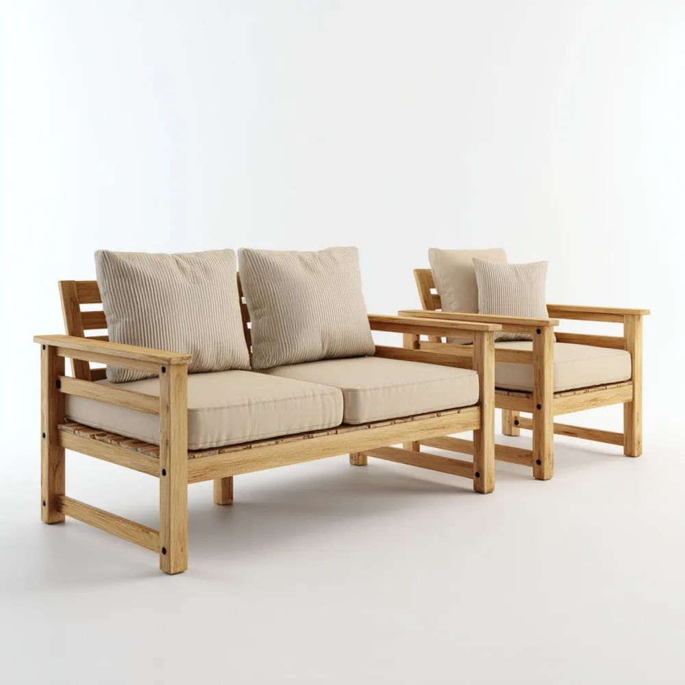 Garten-Sofaset Holzrahmen 2-Sitzer 120x80x75 cm + Einzelsessel 70x80x75 cm - Cremefarben - Skandinavisches Design
