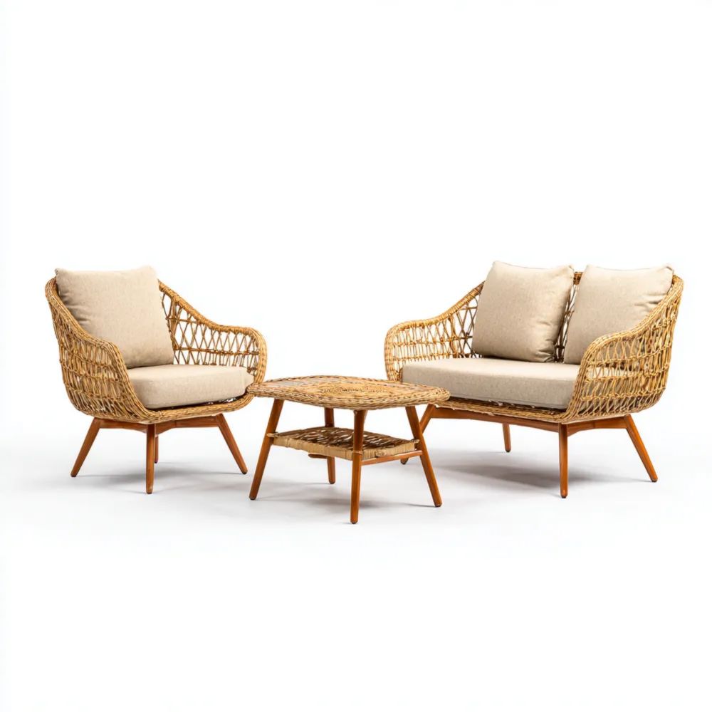 Garten-Sofaset Rattan Beige – Modernes Design 140x75x80 cm