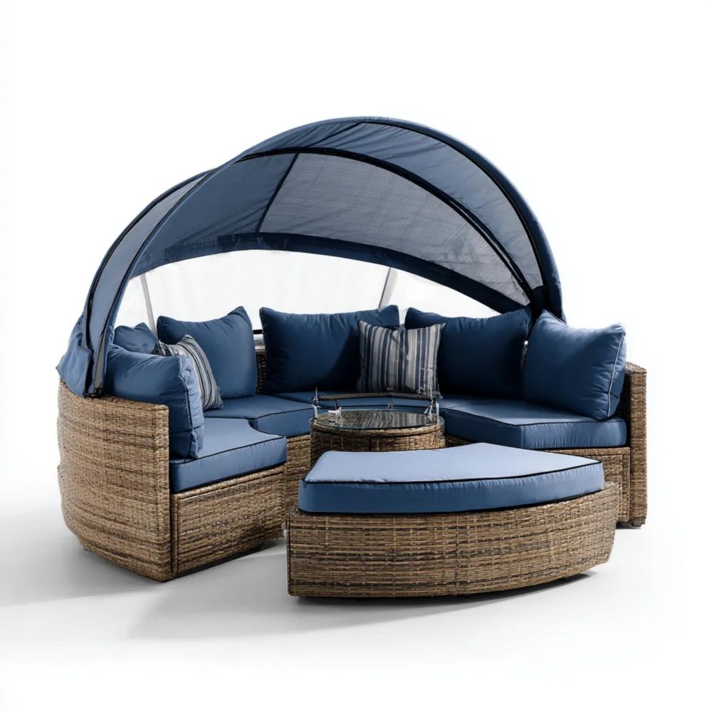 Garten-Sofaset Rattan 220 x 140 x 75 cm Blau Sonnendach – Modernes Design