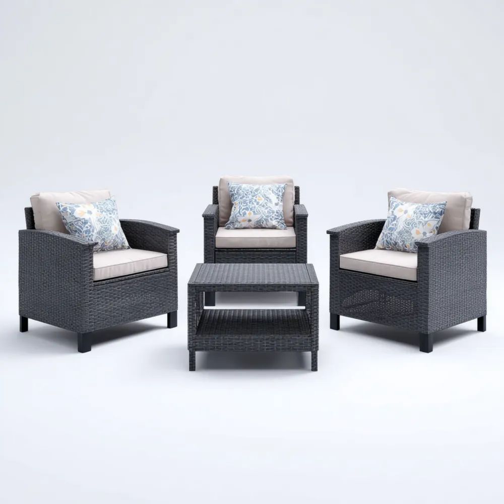 Garten-Sofaset Polyrattan 2 Sessel 1 Tisch 70x75x79 cm – Dunkelgrau/Beige – Modernes Design