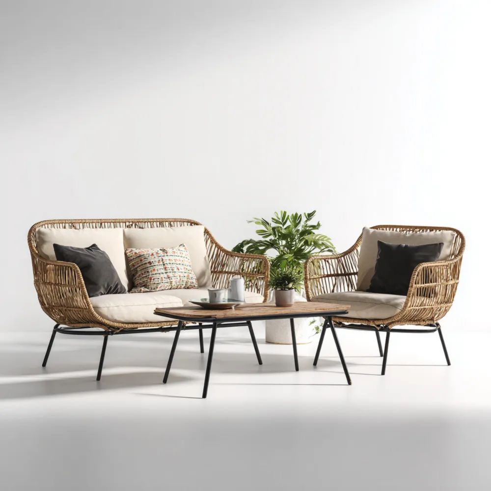 Garten-Sofaset Rattan 160x75x70 cm – Beige/Schwarz – Moderner Stil