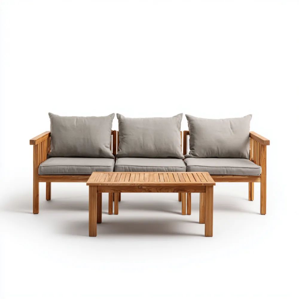 Garten-Sofaset Holz 200x75x85 cm – Hellgrau – Naturdesign mit Tisch 100x50x45 cm