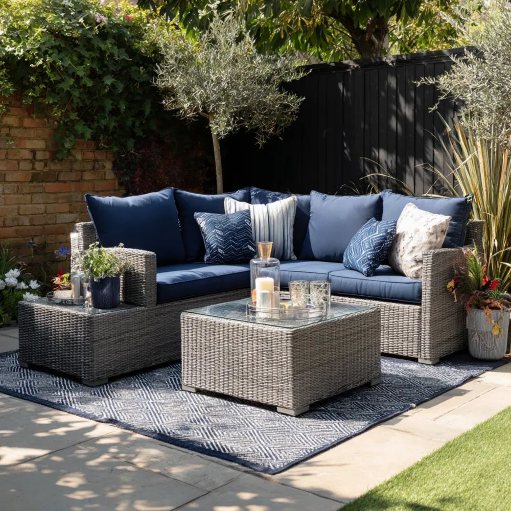 Garten-Sofaset Rattan 210x140x70 cm Couchtisch 70x70x40 cm - Dunkelblau/Grau - Modernes Design