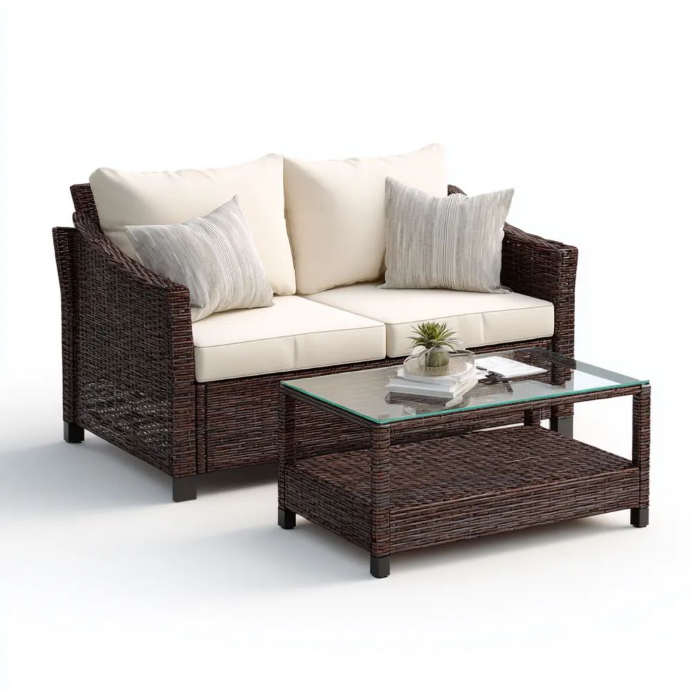 Garten-Sofaset Rattan 2-Sitzer mit Tisch – 120x65x75 cm – Braun/Beige – Modernes Design