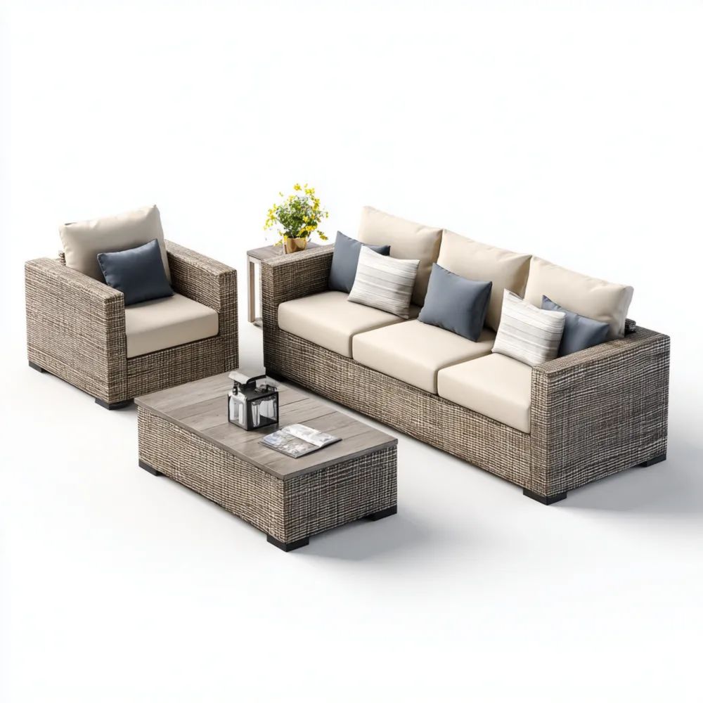 Garten-Sofagarnitur Rattan 200x90x75 cm – Beige/Grau – Outdoor-Design