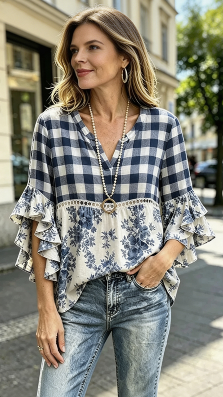 Mixed Plaid Floral Print Hollow Out Ruffle Sleeve Top