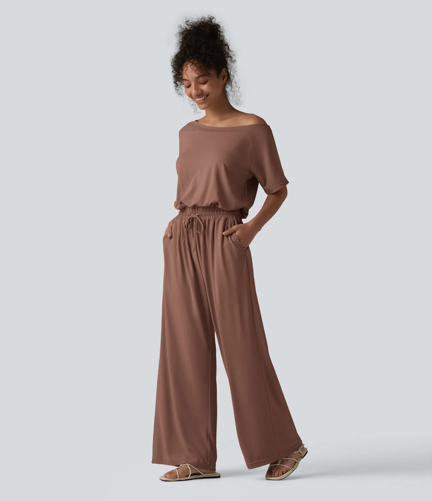 Boat Neck Short Sleeve Drawstring Baggy Casual Jumpsuit with Pockets-Easy Peezy Edition