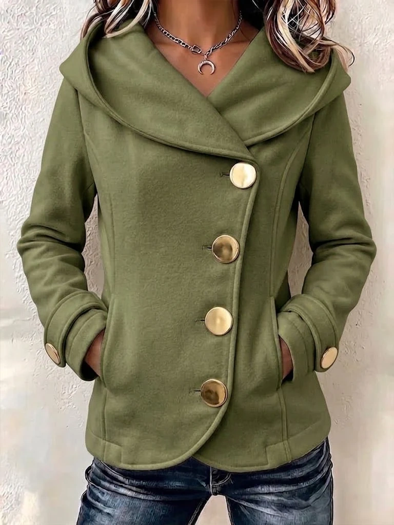 Asymmetric Gold Buttons Hooded Coat
