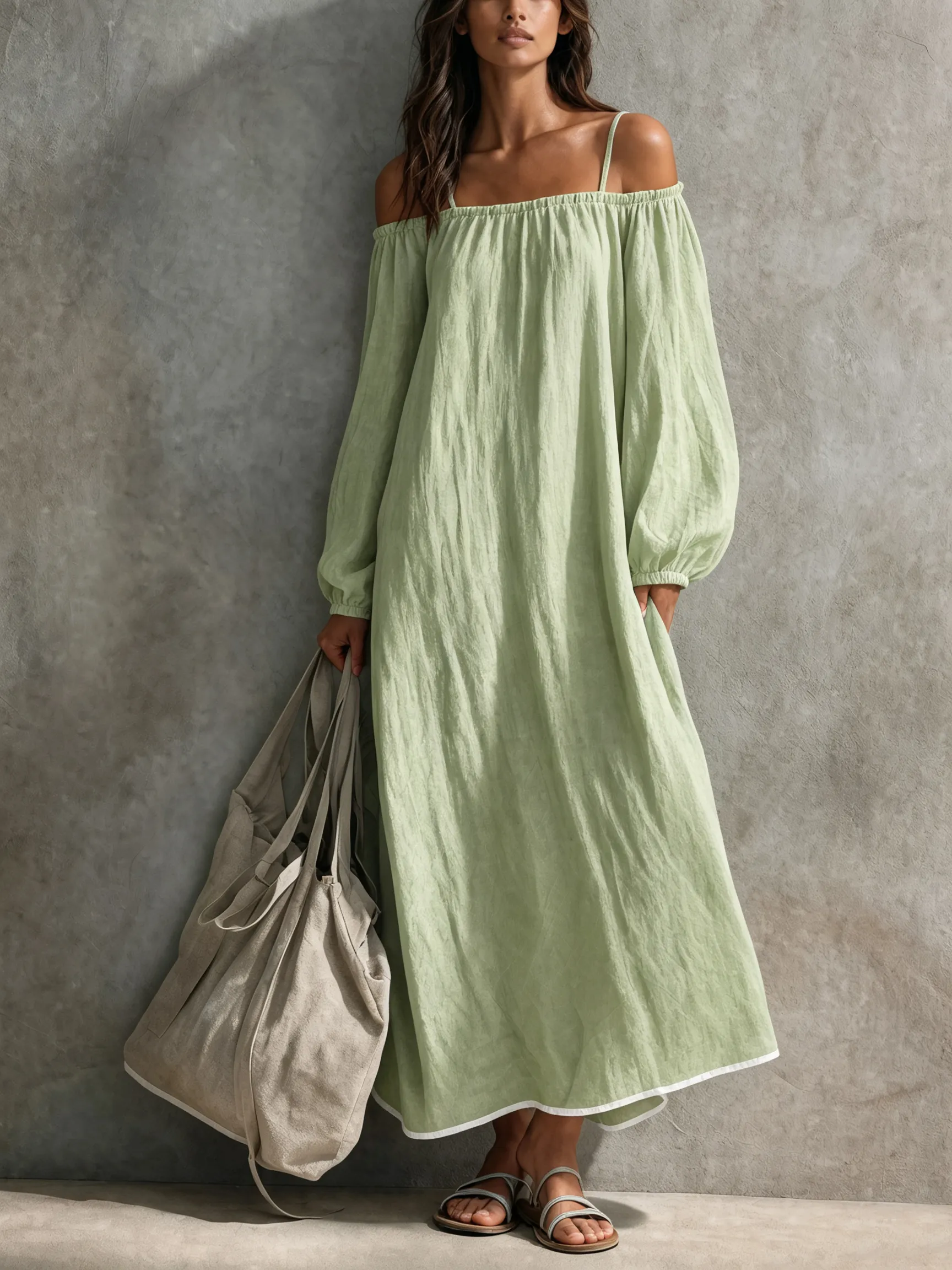 Women's Casual Light Grey-blue Cotton-linen Maxi Dress With Spaghetti Straps, Off-shoulder Design, And Long Sleeves MDZ0266G4LXY