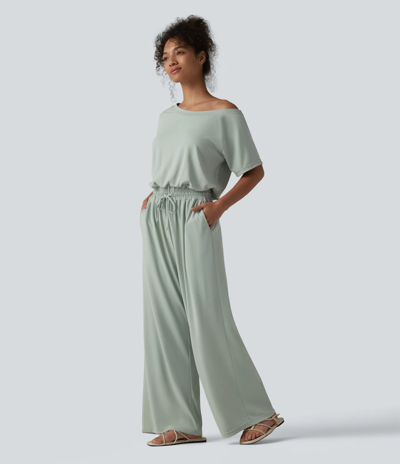 Boat Neck Short Sleeve Drawstring Baggy Casual Jumpsuit with Pockets-Easy Peezy Edition