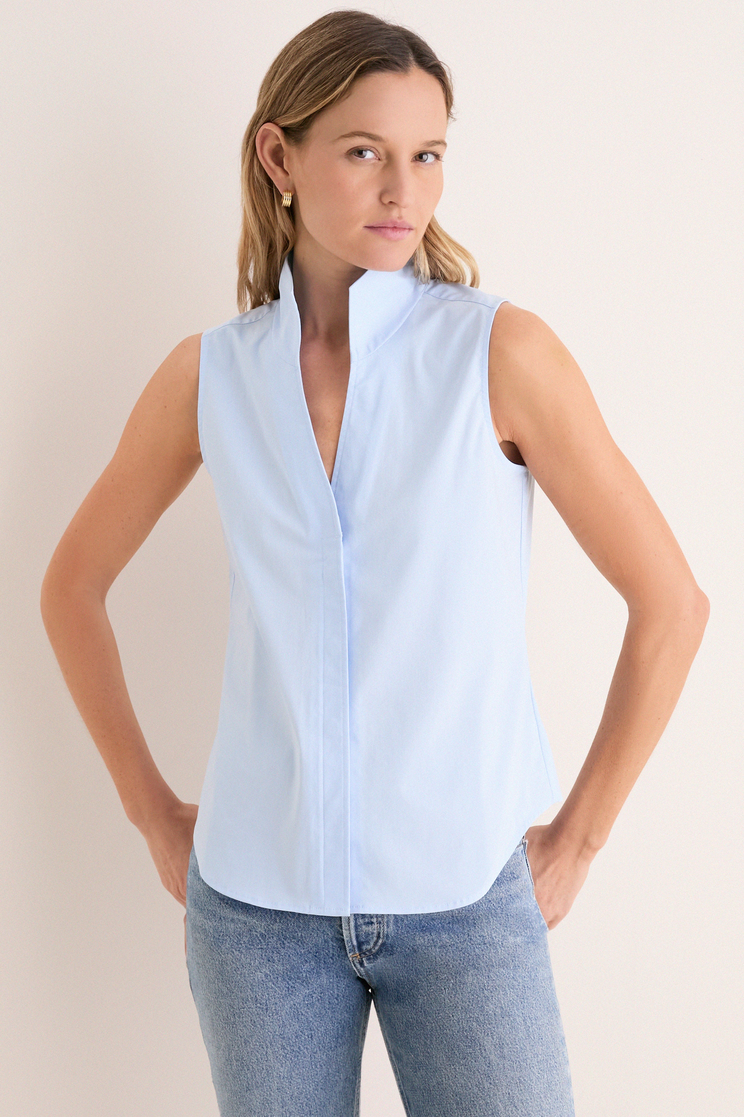 French Blue Sleeveless Bessette Button Down