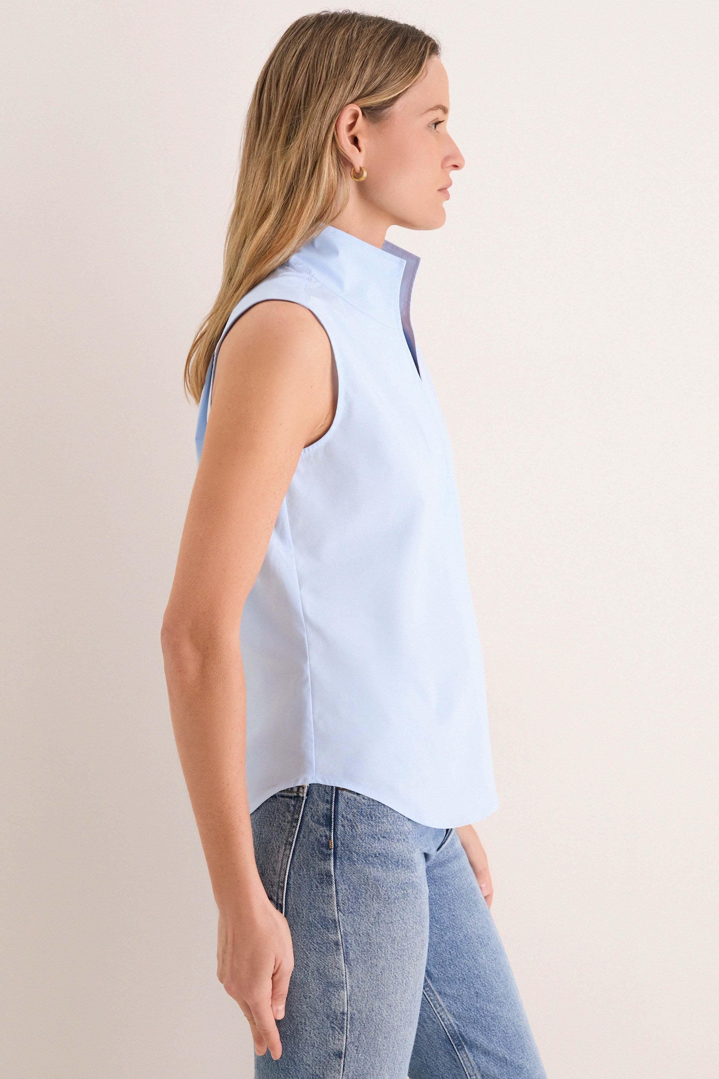 French Blue Sleeveless Bessette Button Down