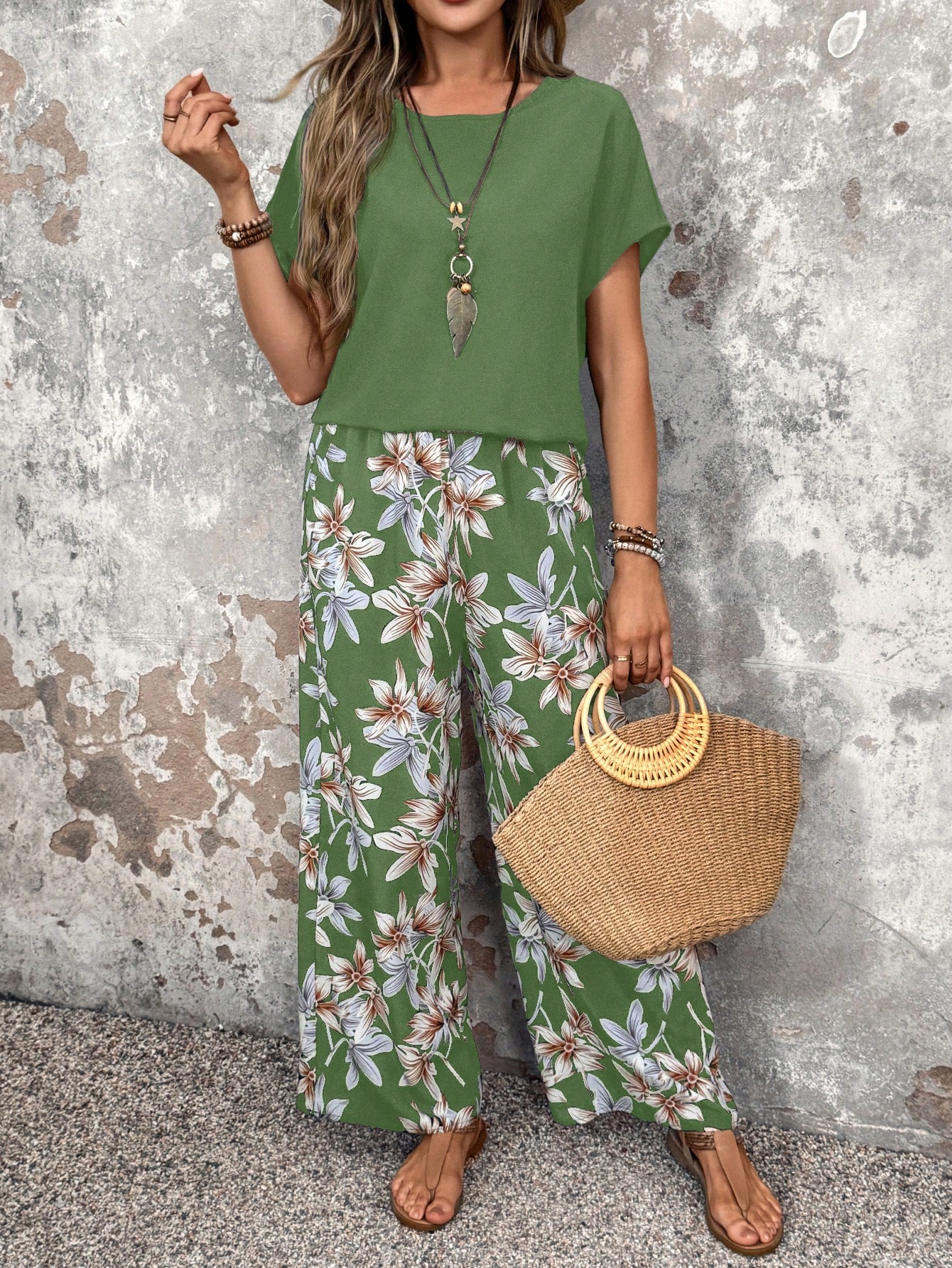 Faunlyn Women Solid Color Round Neck Short Sleeve Top And Flower Print Wide Leg Pants Set For Summer Two Pieces Outfits