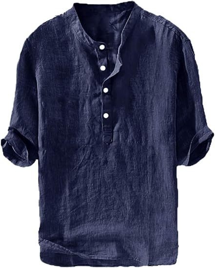 Summer Men's Stand Collar Half-placket Linen Shirt