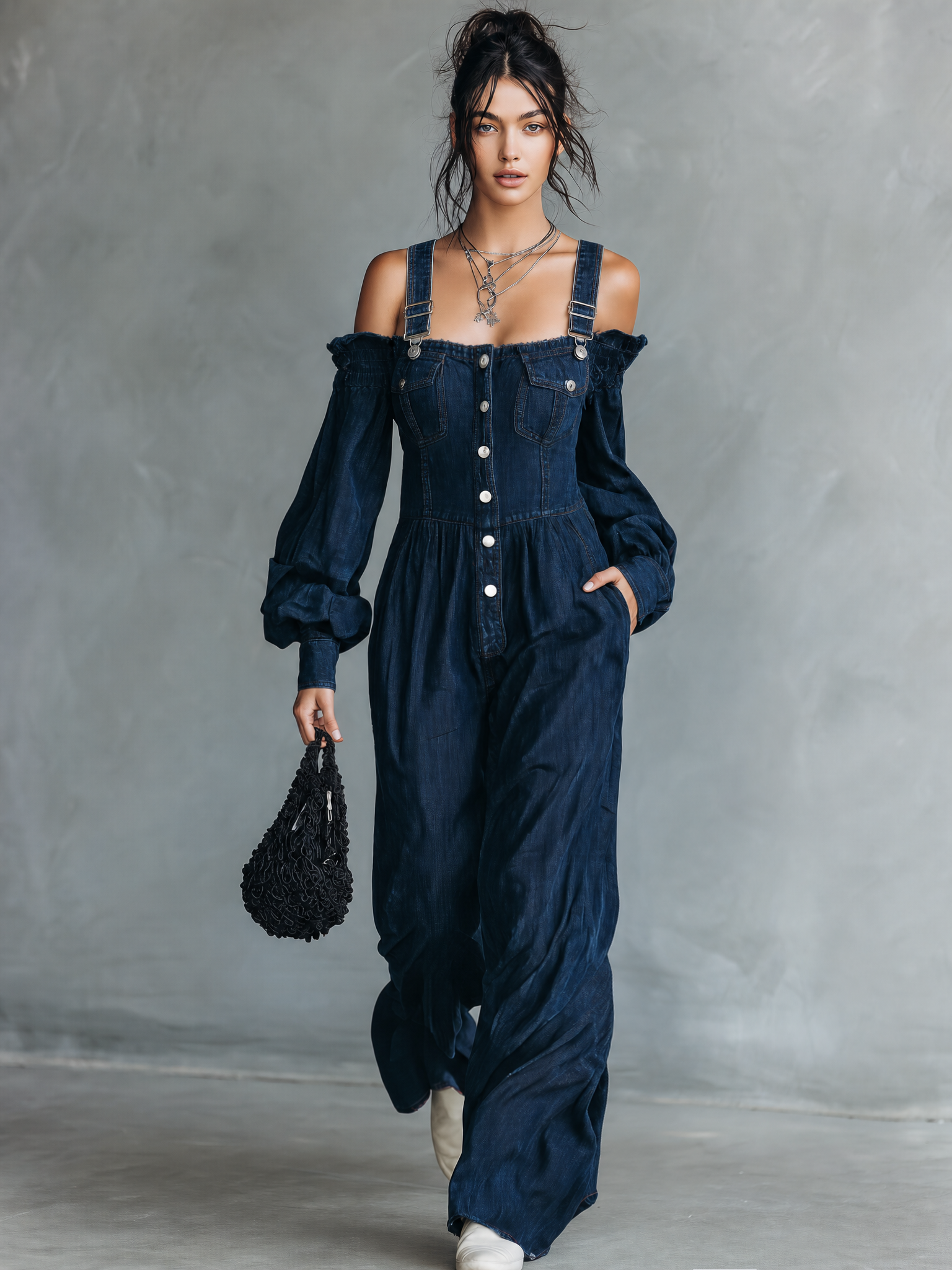 Women's Casual Dark Blue Denim Long-sleeve Overall Jumpsuit