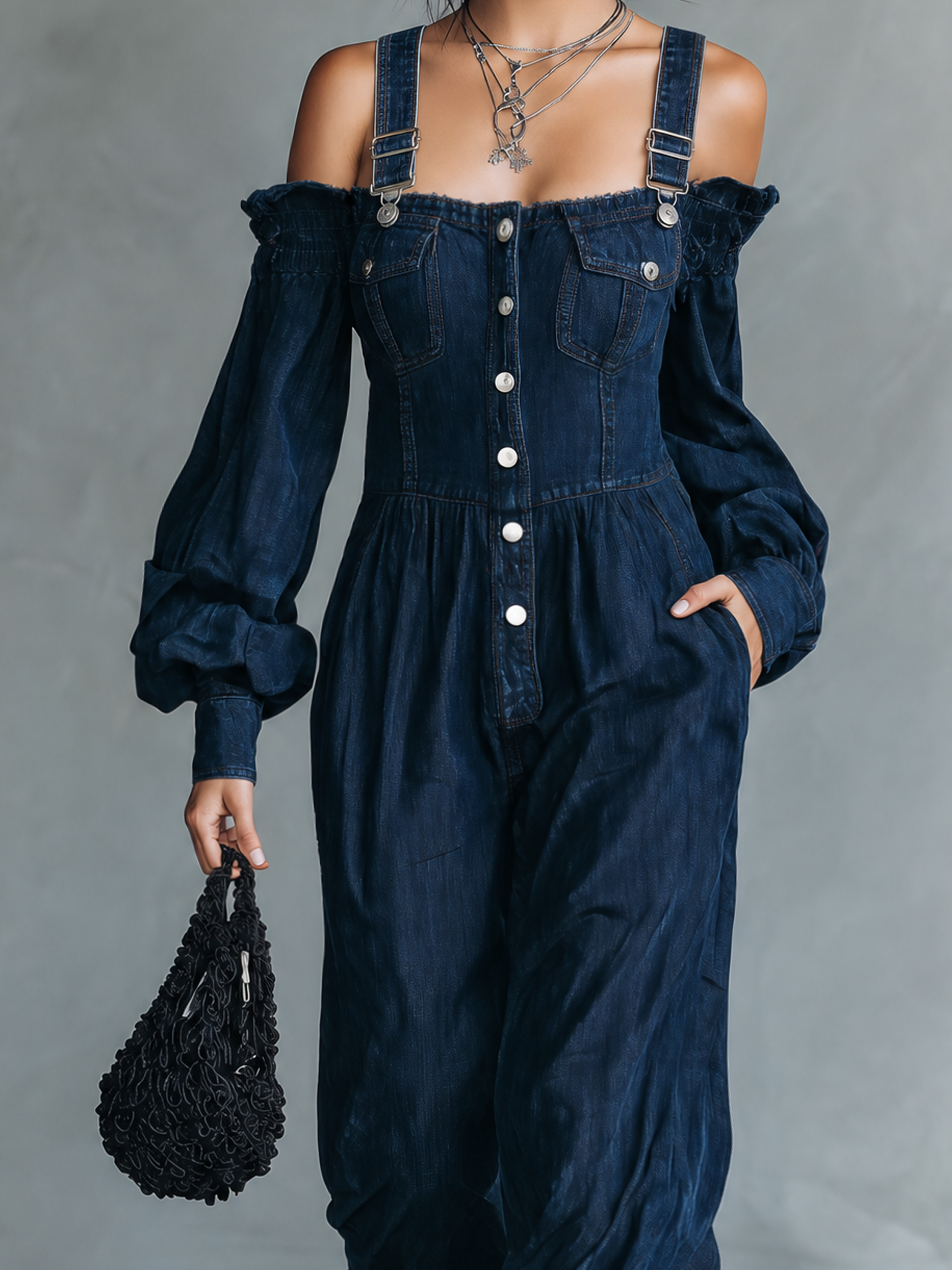 Women's Casual Dark Blue Denim Long-sleeve Overall Jumpsuit