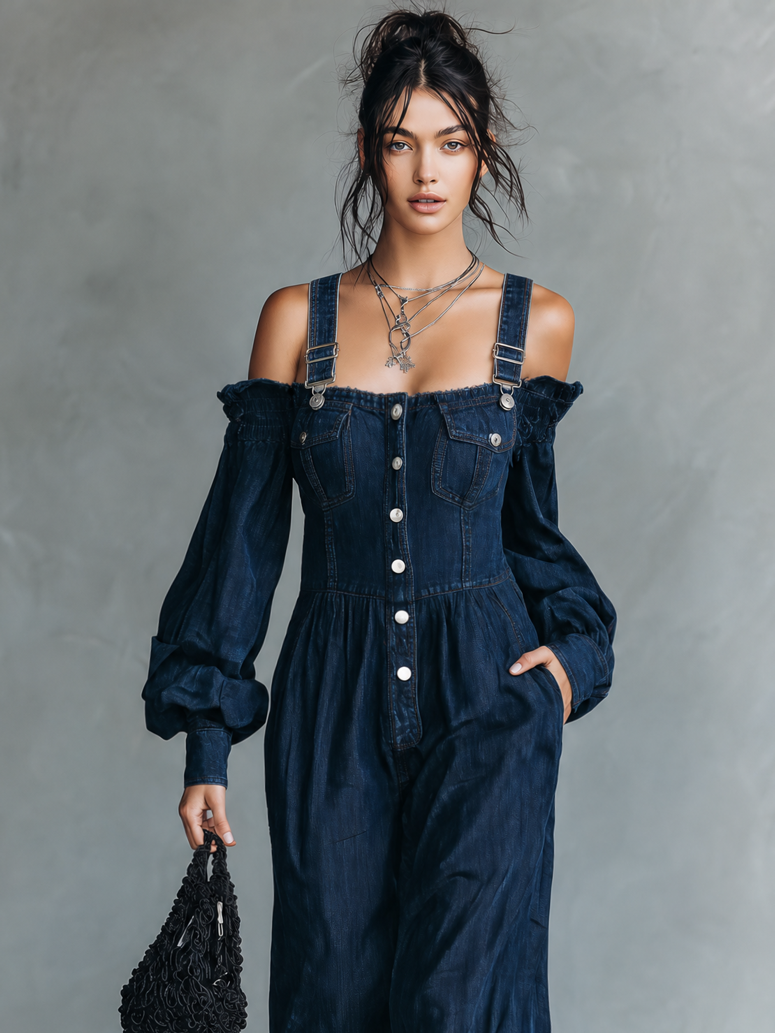 Women's Casual Dark Blue Denim Long-sleeve Overall Jumpsuit