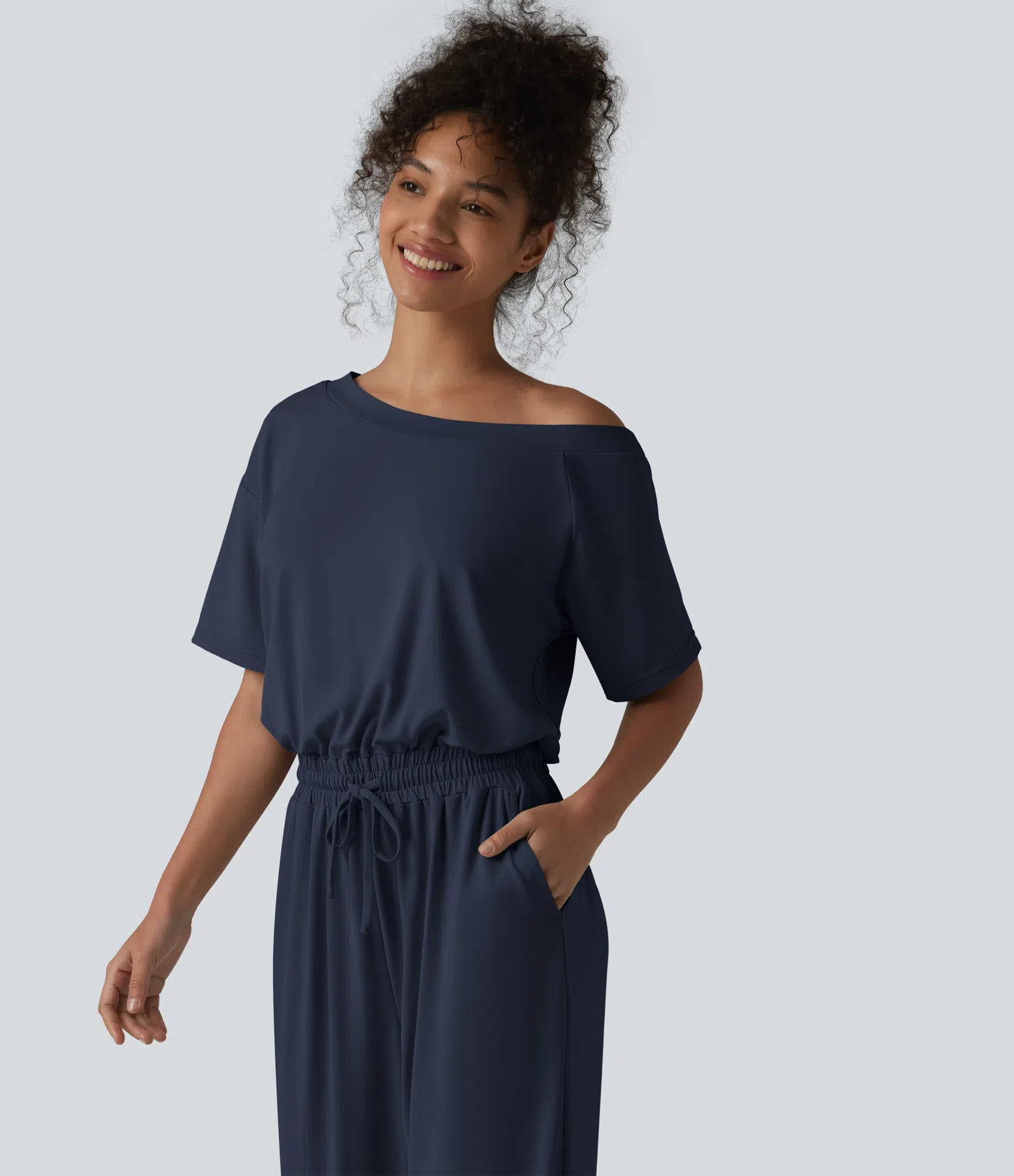 Boat Neck Short Sleeve Drawstring Baggy Casual Jumpsuit with Pockets-Easy Peezy Edition