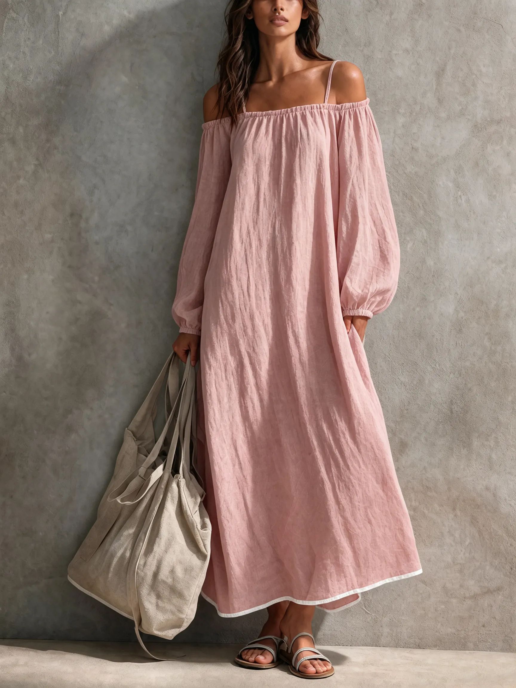 Women's Casual Light Grey-blue Cotton-linen Maxi Dress With Spaghetti Straps, Off-shoulder Design, And Long Sleeves MDZ0266G4LXY