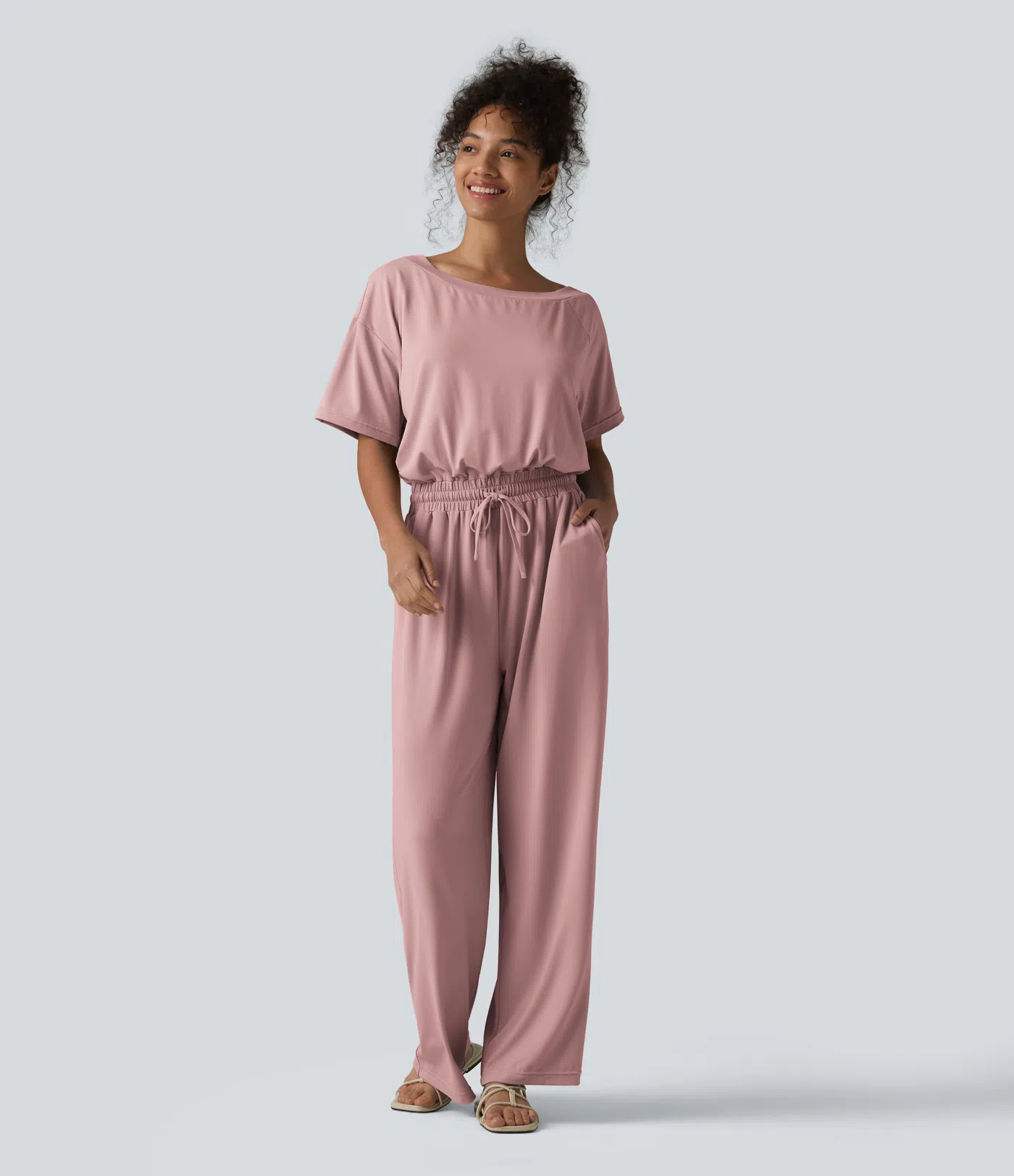 Boat Neck Short Sleeve Drawstring Baggy Casual Jumpsuit with Pockets-Easy Peezy Edition