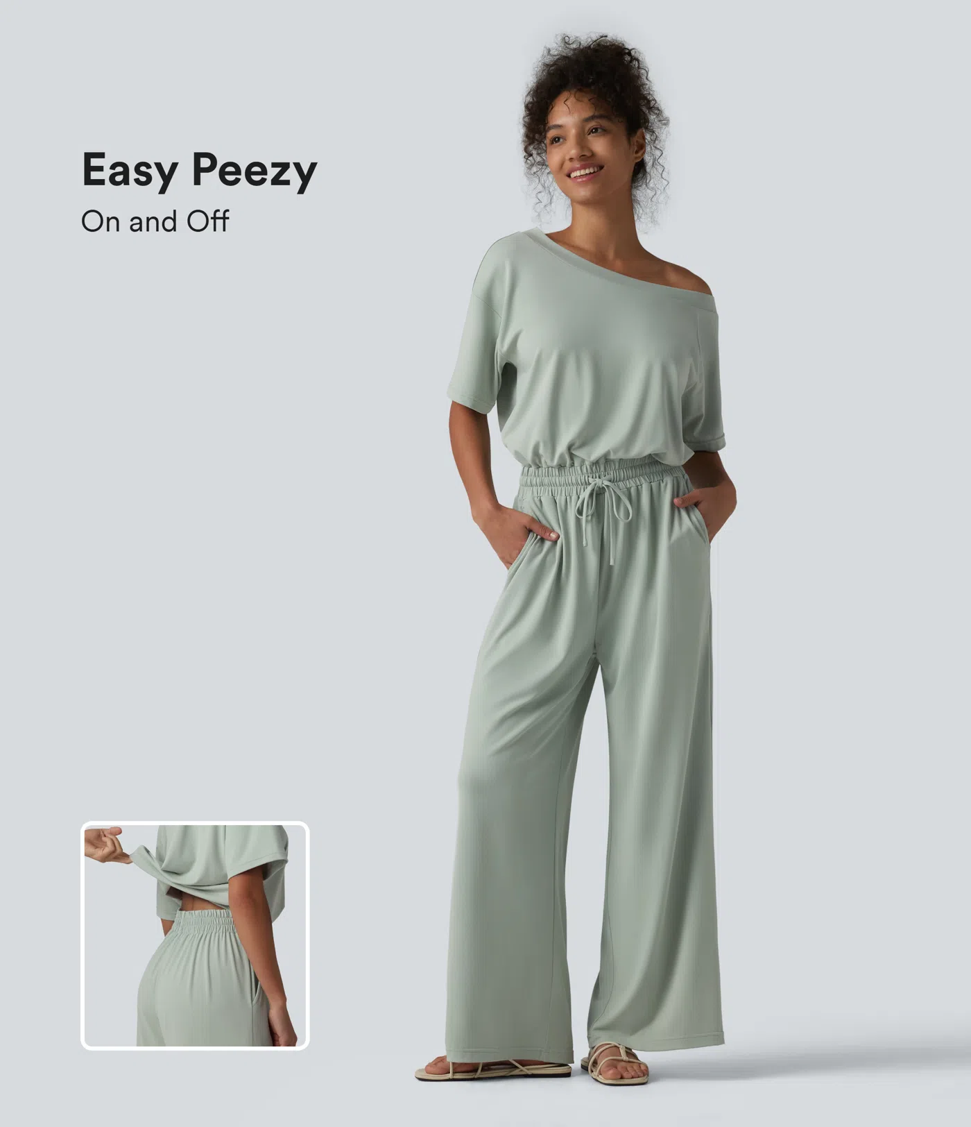 Boat Neck Short Sleeve Drawstring Baggy Casual Jumpsuit with Pockets-Easy Peezy Edition