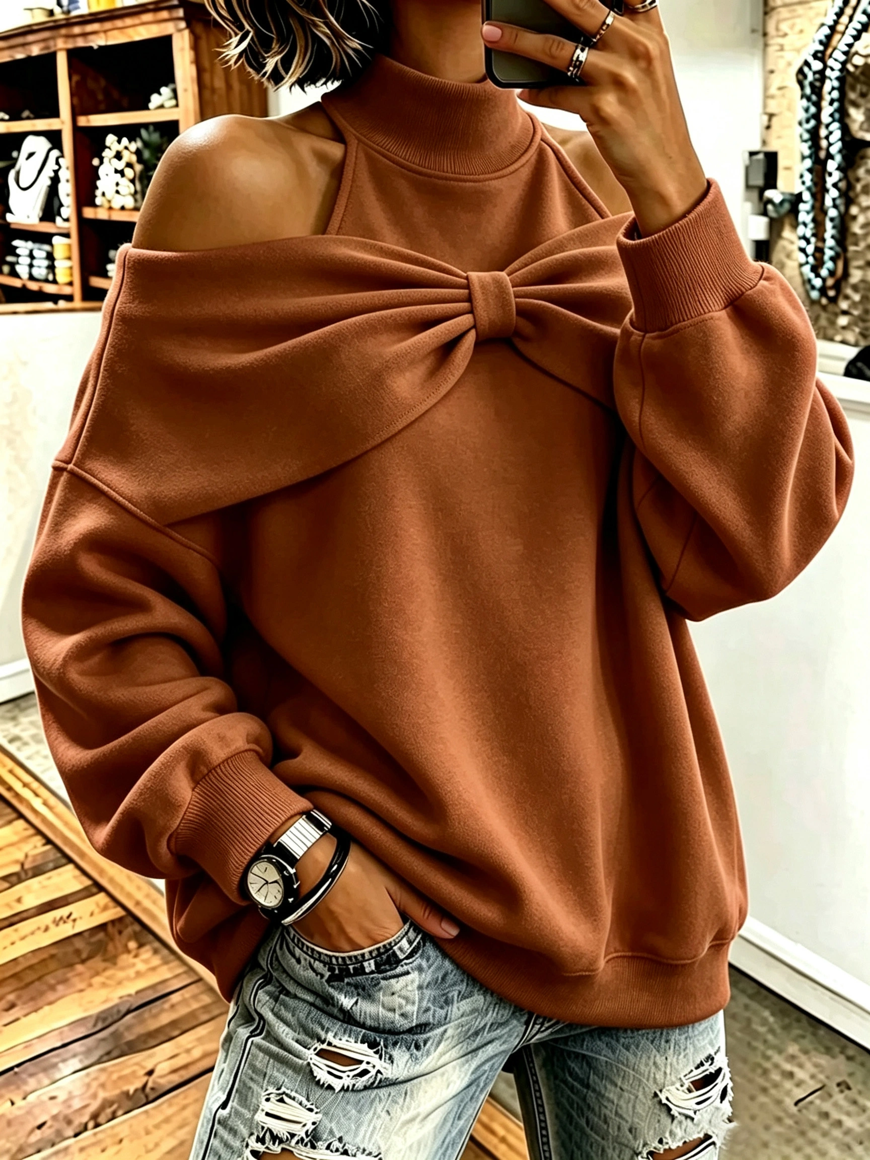 Chic Bow Accent Off‑Shoulder Mock Neck Sweatshirt