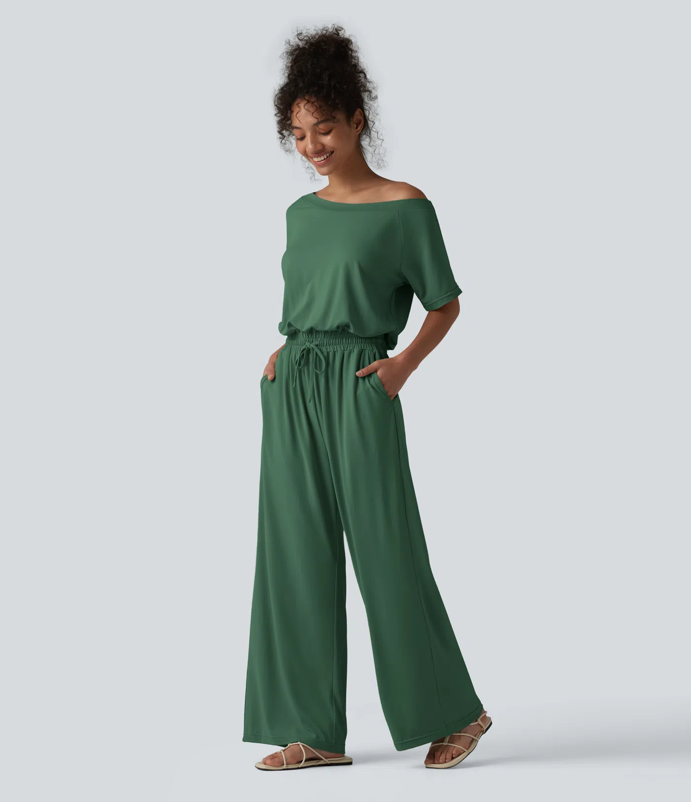 Boat Neck Short Sleeve Drawstring Baggy Casual Jumpsuit with Pockets-Easy Peezy Edition