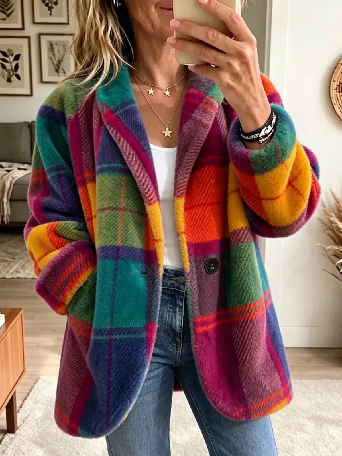 Vibrant Plaid Fuzzy Fleece Jacket
