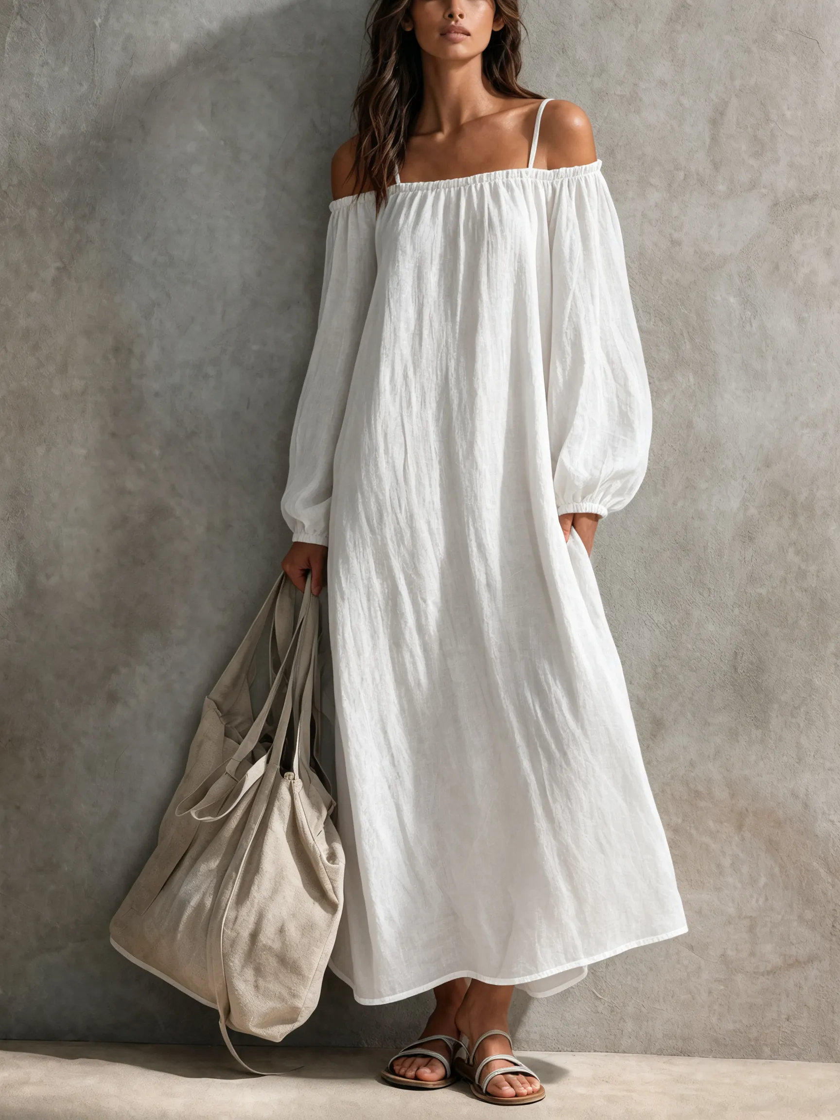 Women's Casual Light Grey-blue Cotton-linen Maxi Dress With Spaghetti Straps, Off-shoulder Design, And Long Sleeves MDZ0266G4LXY