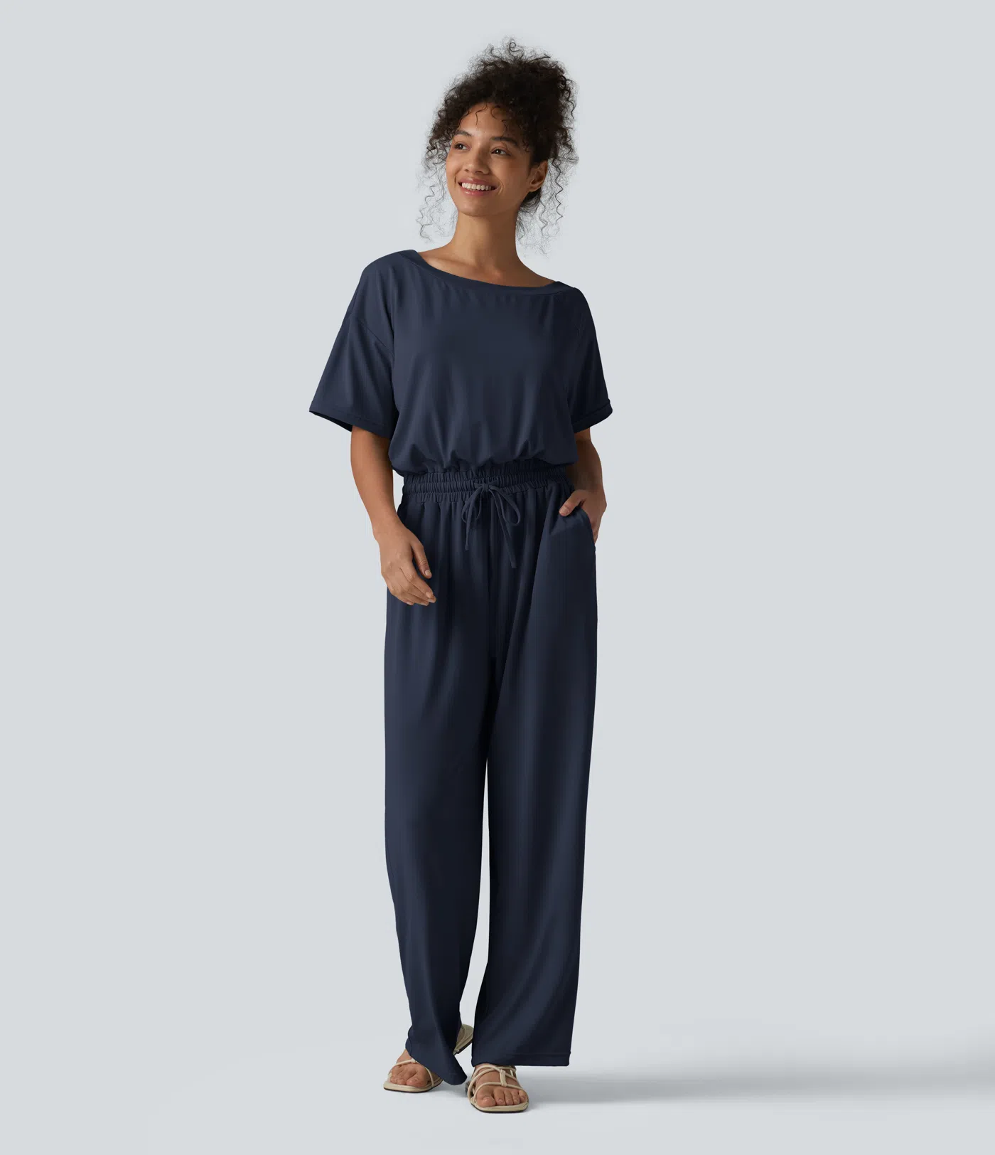 Boat Neck Short Sleeve Drawstring Baggy Casual Jumpsuit with Pockets-Easy Peezy Edition