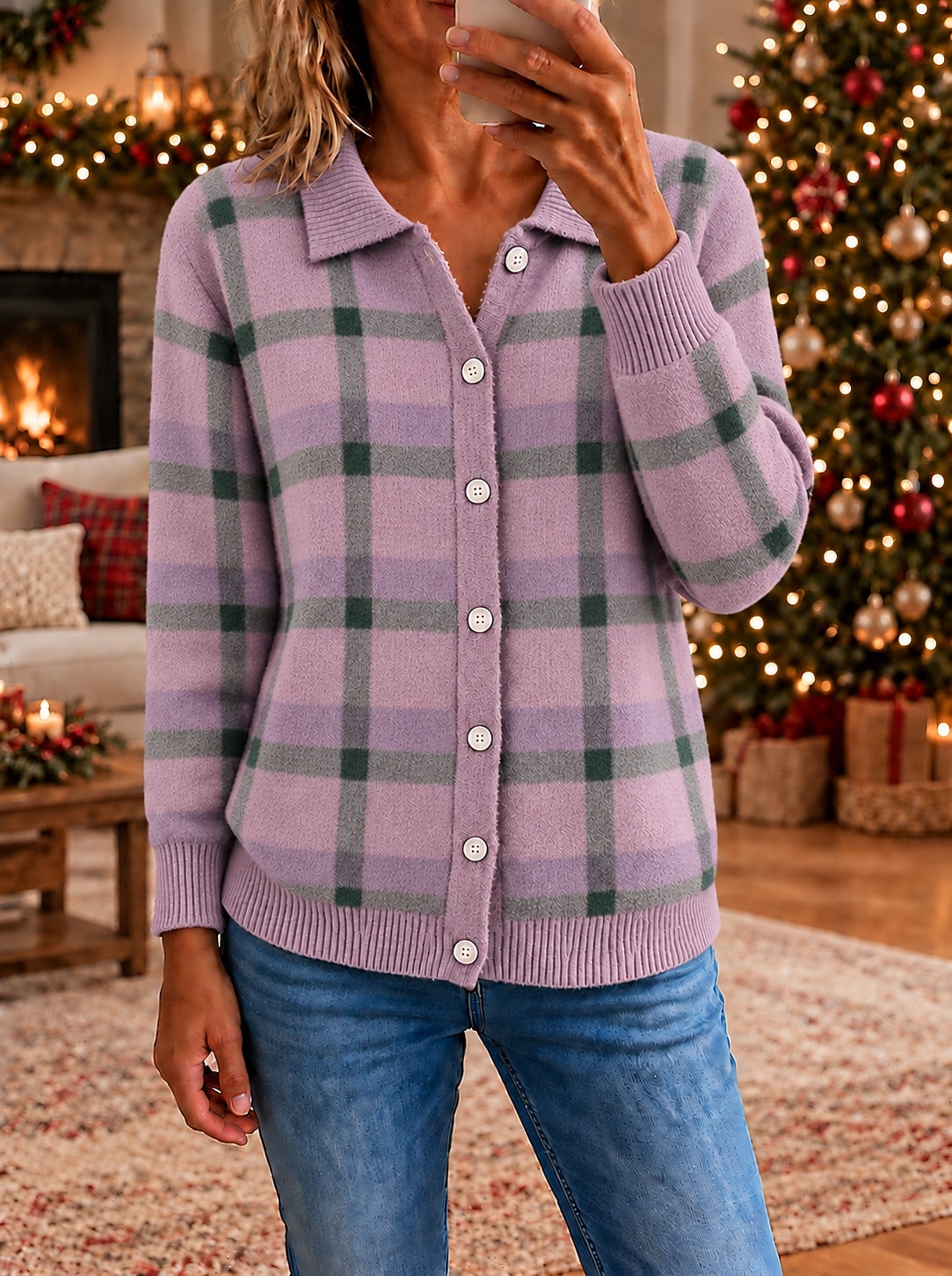 Women's Christmas Sweaters Sweater Cardigan Elegant Fashion Streetwear Solid Color Plaid Shirt Collar Patchwork Buttons Knitted Long Sleeve Regular Tops Knit Daily Home Outdoor Blue Light Green Fall 2026 - $38.99 &ndash;P9