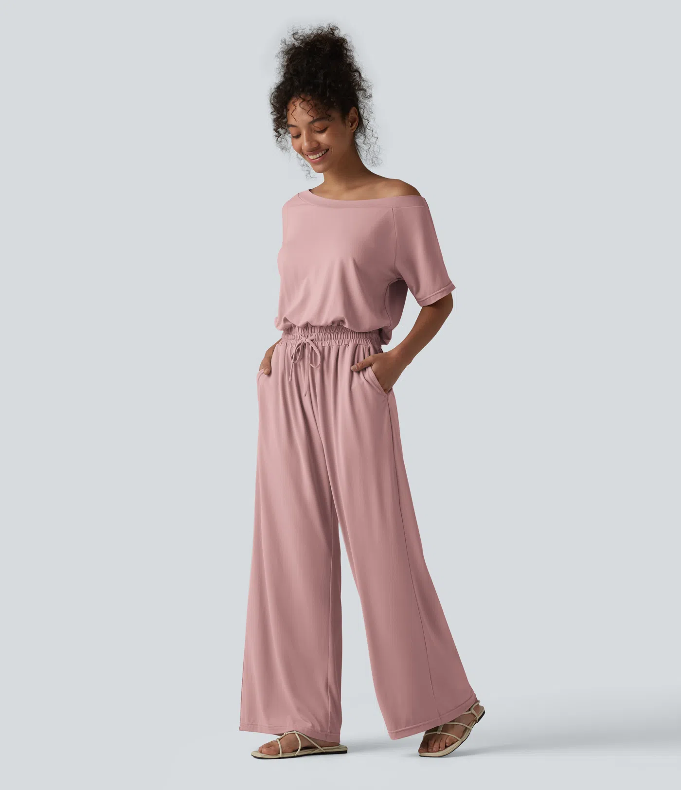 Boat Neck Short Sleeve Drawstring Baggy Casual Jumpsuit with Pockets-Easy Peezy Edition