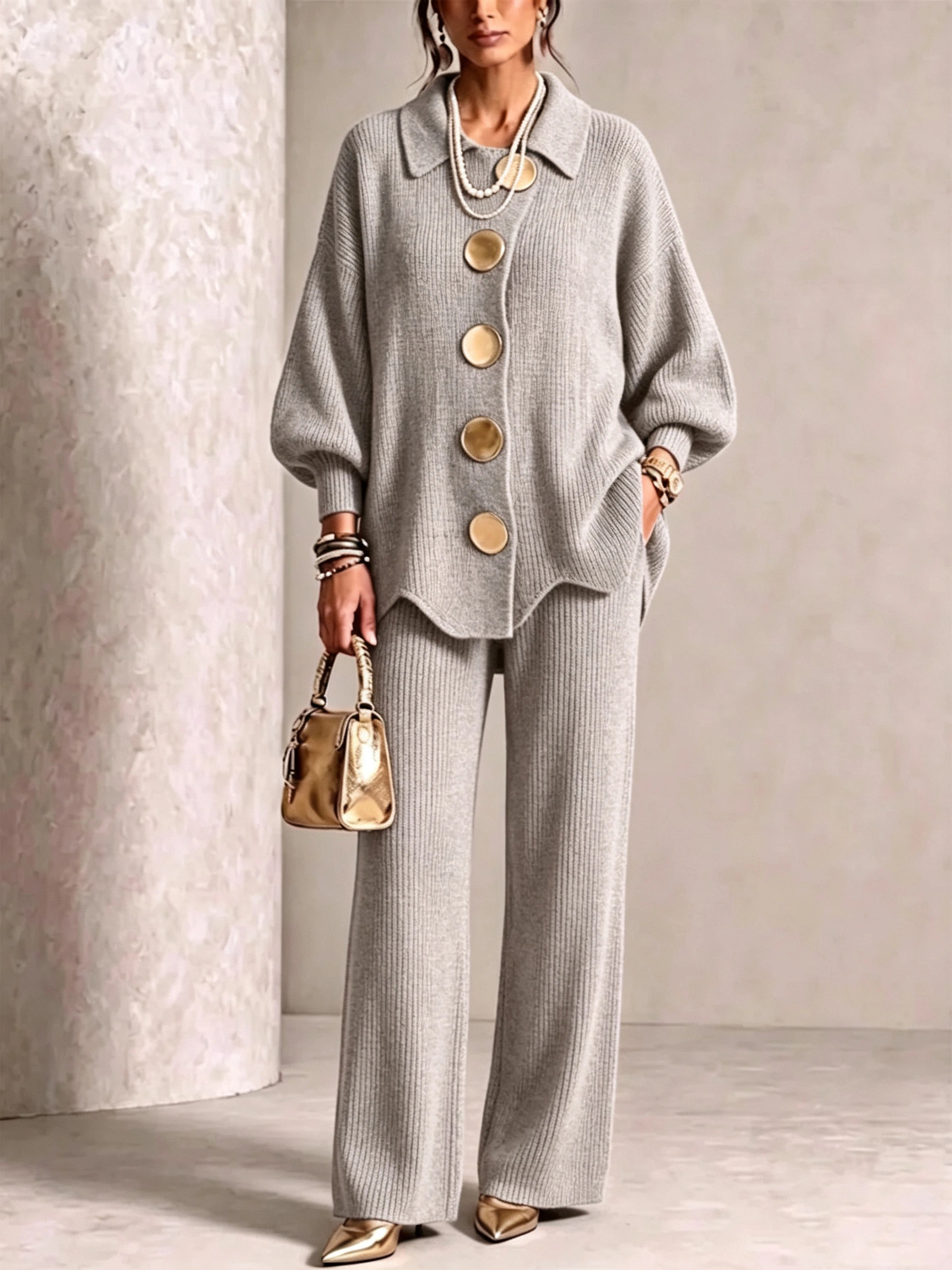 Elegant Knit Cardigan Wide‑Leg Pant Two‑Piece Outfit