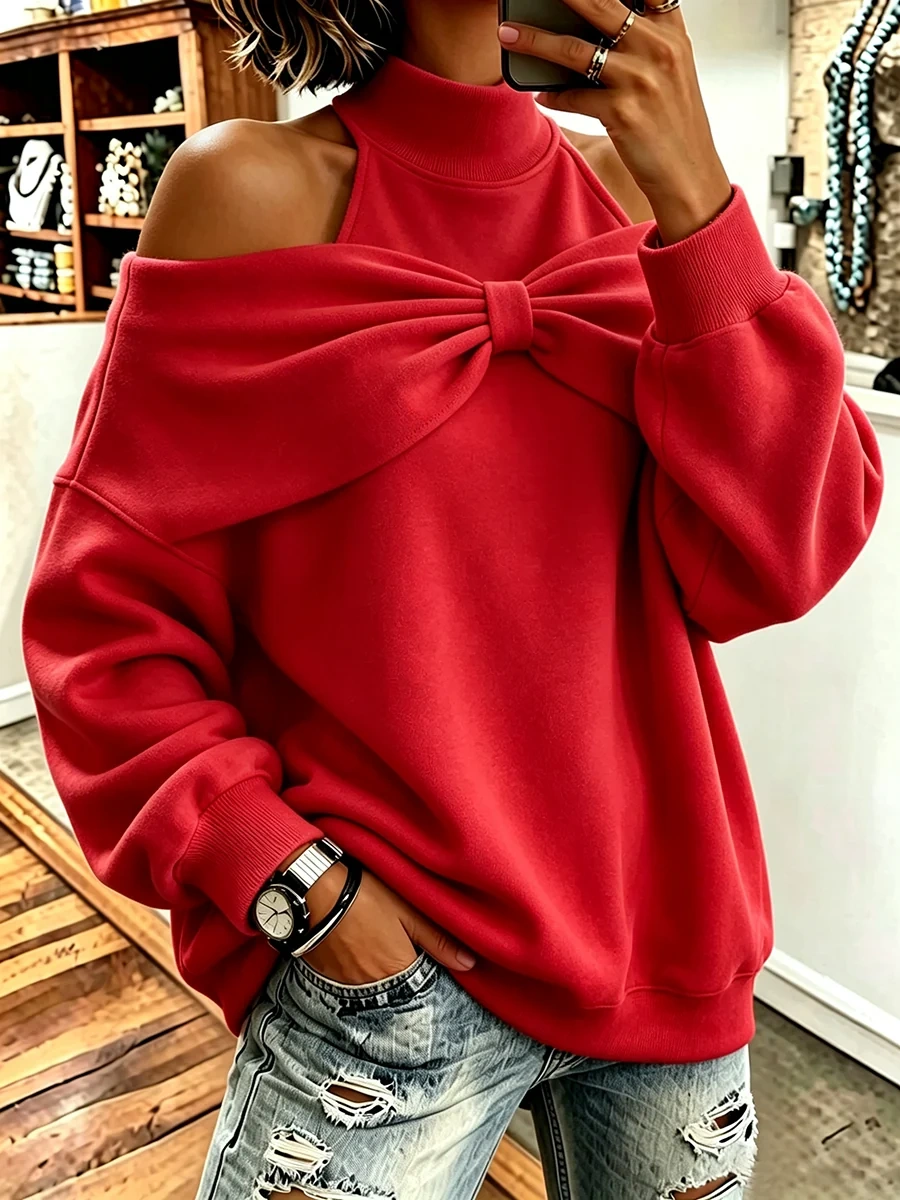 Chic Bow Accent Off‑Shoulder Mock Neck Sweatshirt