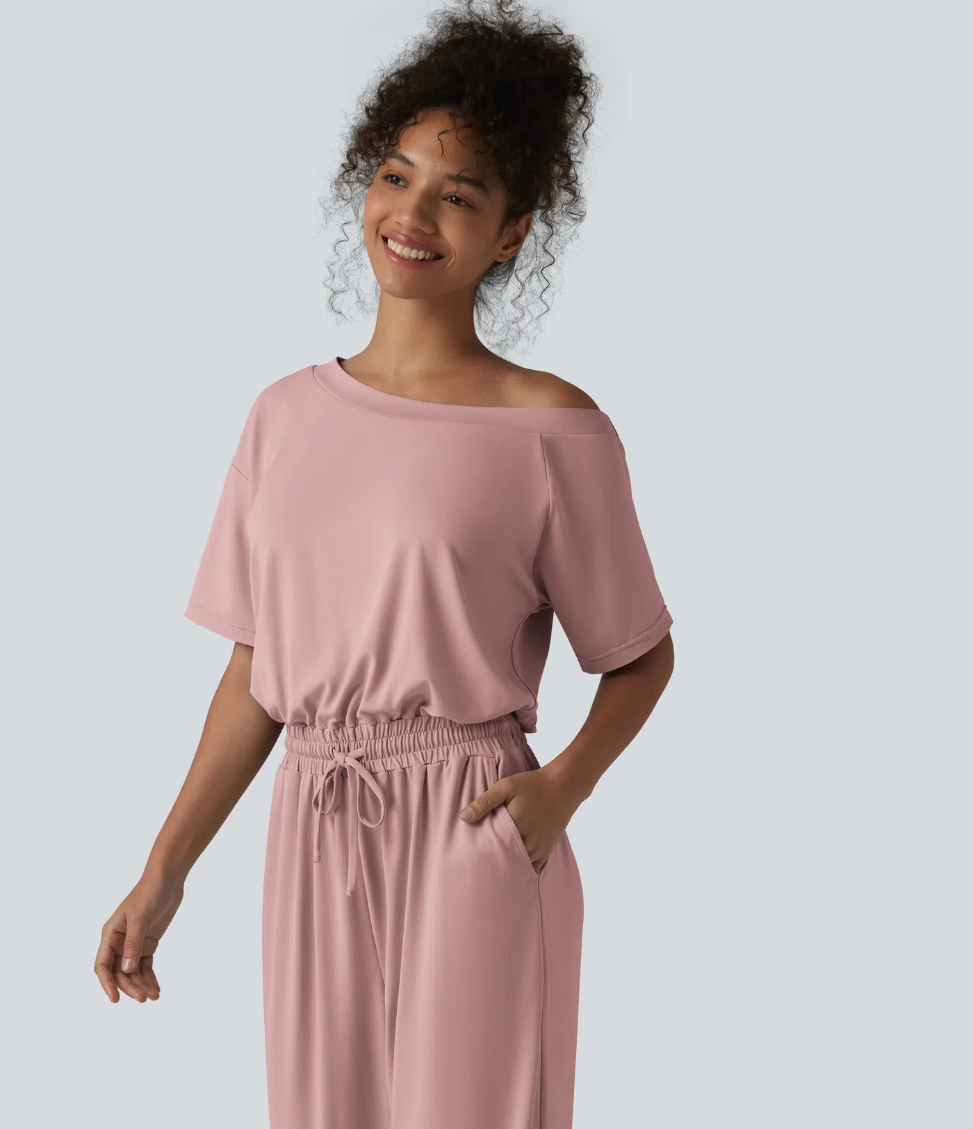 Boat Neck Short Sleeve Drawstring Baggy Casual Jumpsuit with Pockets-Easy Peezy Edition
