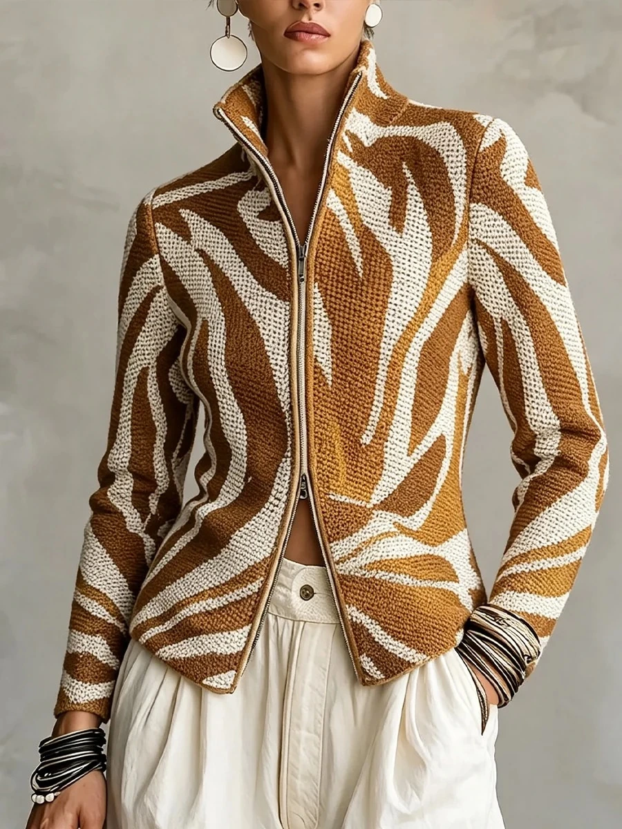 Abstract Swirl Print Zip‑Up Knit Jacket
