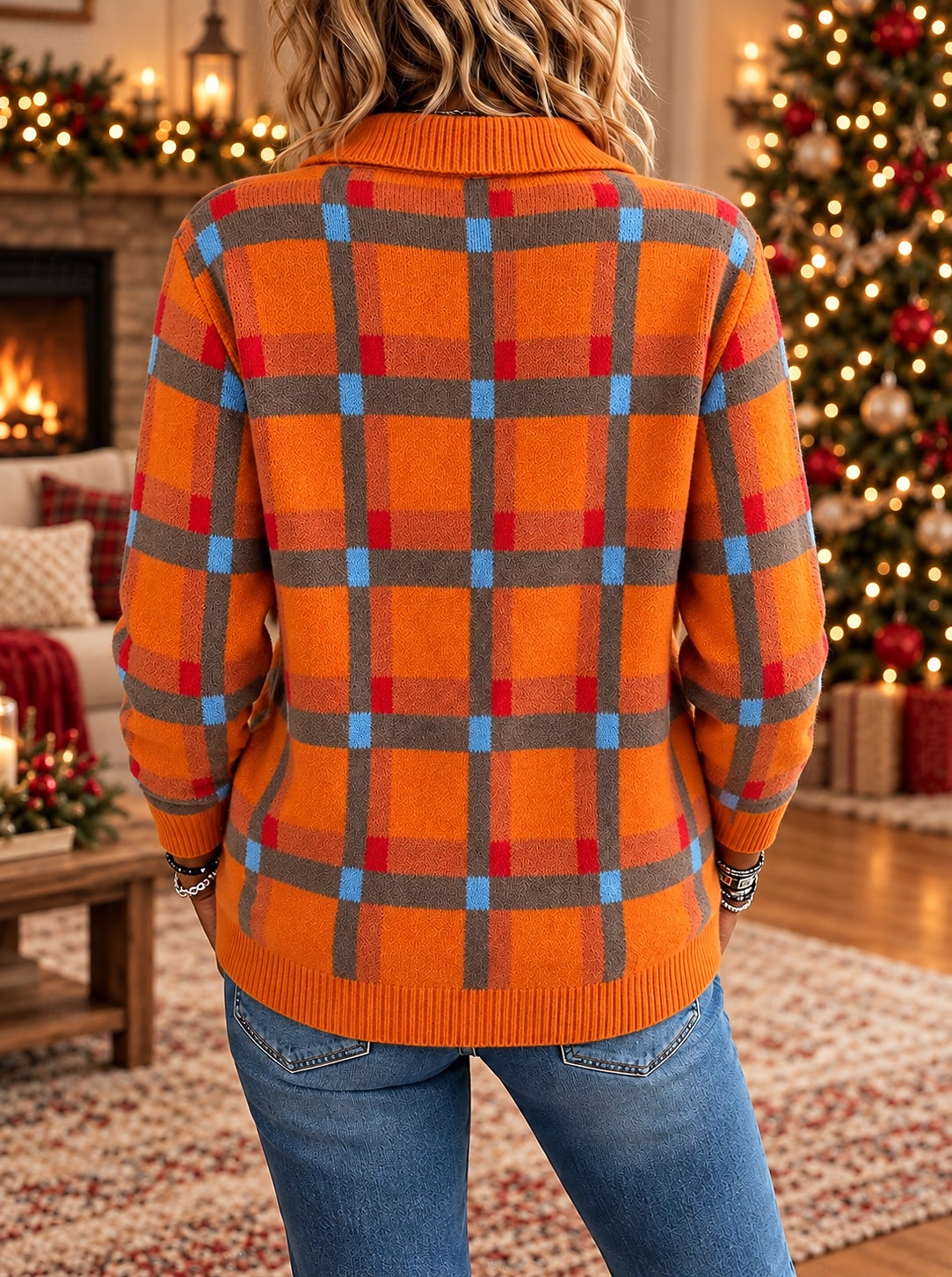 Women's Christmas Sweaters Sweater Cardigan Elegant Fashion Streetwear Solid Color Plaid Shirt Collar Patchwork Buttons Knitted Long Sleeve Regular Tops Knit Daily Home Outdoor Blue Light Green Fall 2026 - $38.99 &ndash;P6