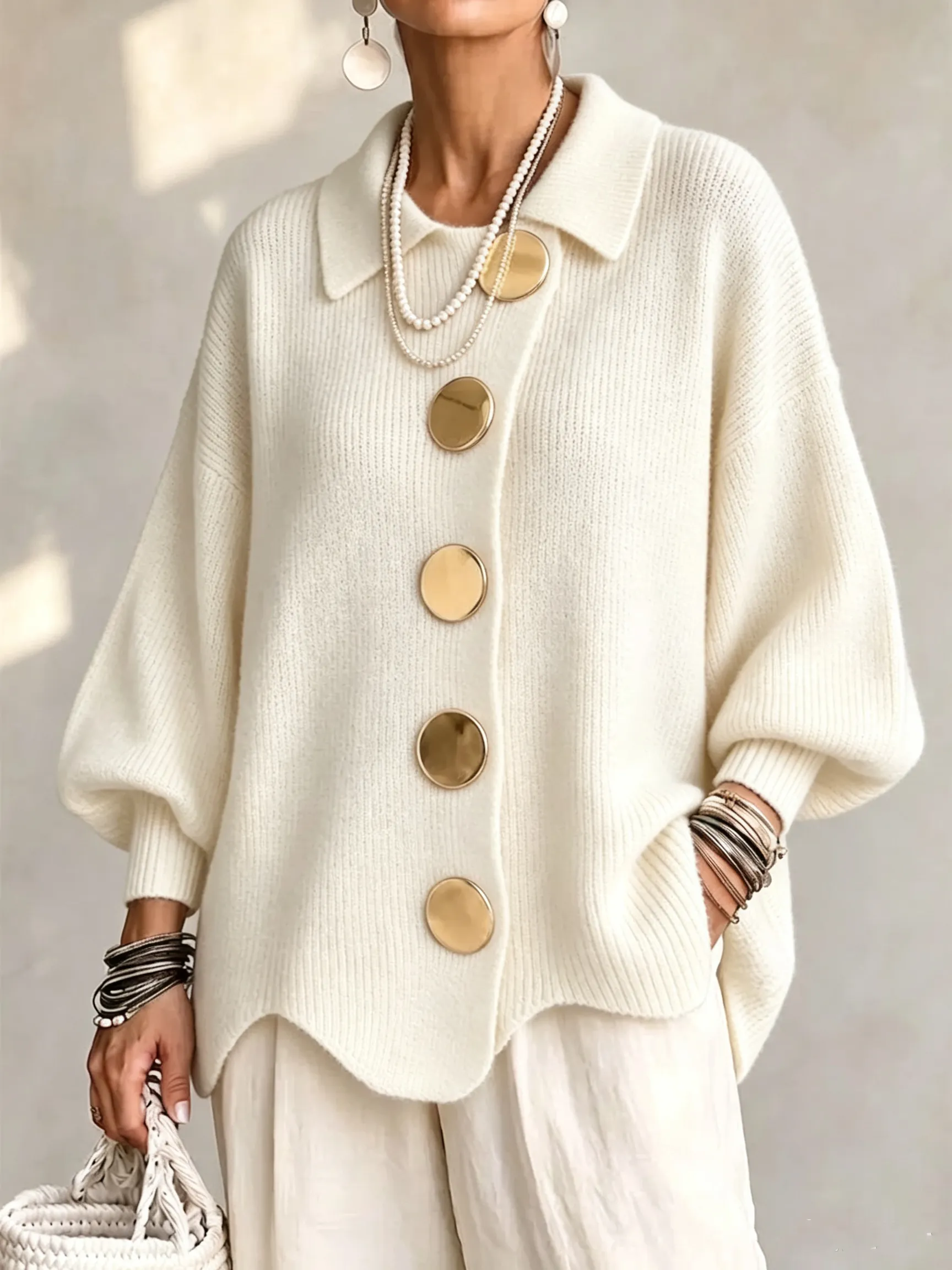 Oversized Collared Knit Cardigan With Large Metal Buttons