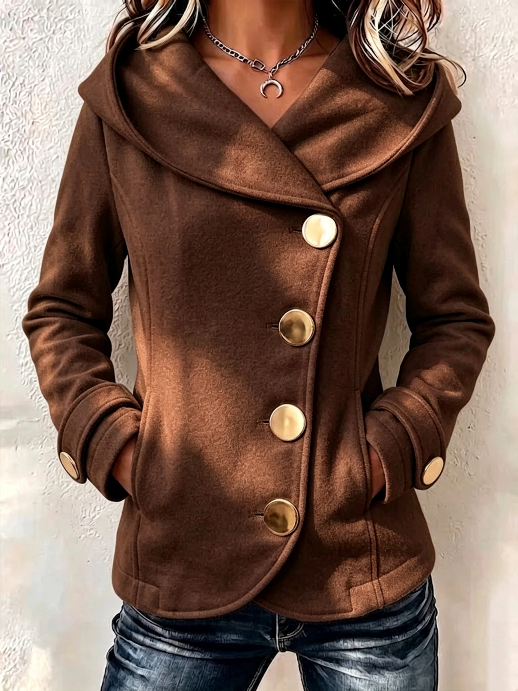 Asymmetric Gold Buttons Hooded Coat