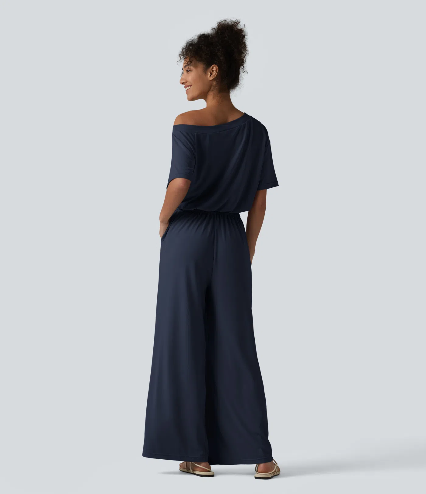 Boat Neck Short Sleeve Drawstring Baggy Casual Jumpsuit with Pockets-Easy Peezy Edition