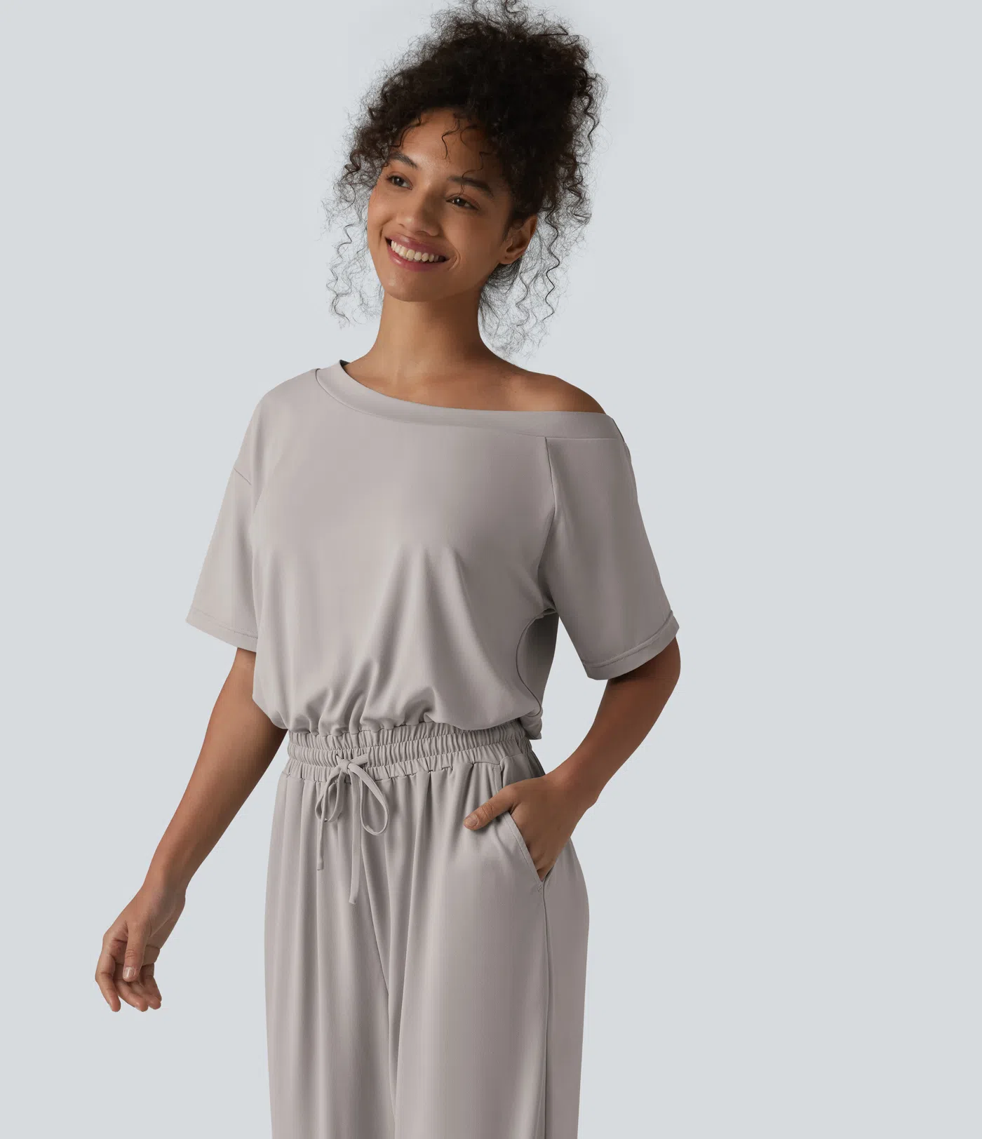 Boat Neck Short Sleeve Drawstring Baggy Casual Jumpsuit with Pockets-Easy Peezy Edition